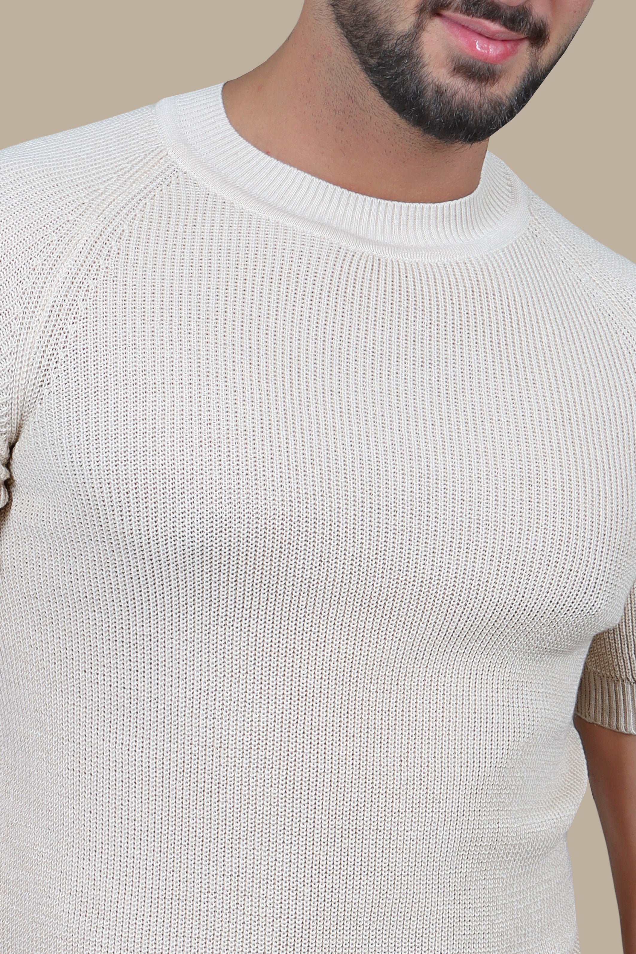 Beige Bliss: Knitted Round Neck T-Shirt