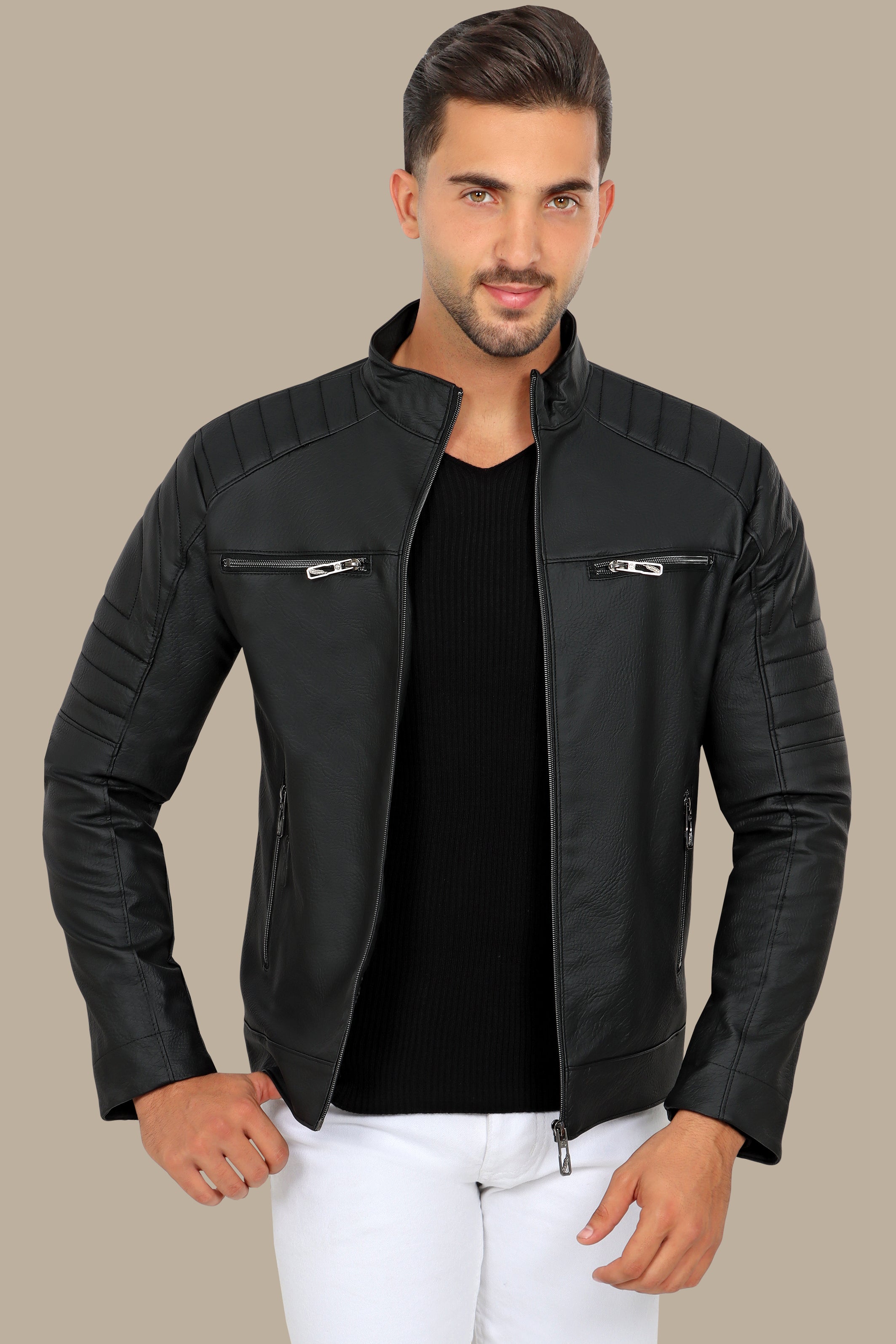 Rugged Elegance: Black Faux Leather Biker Jacket with Four Zippers