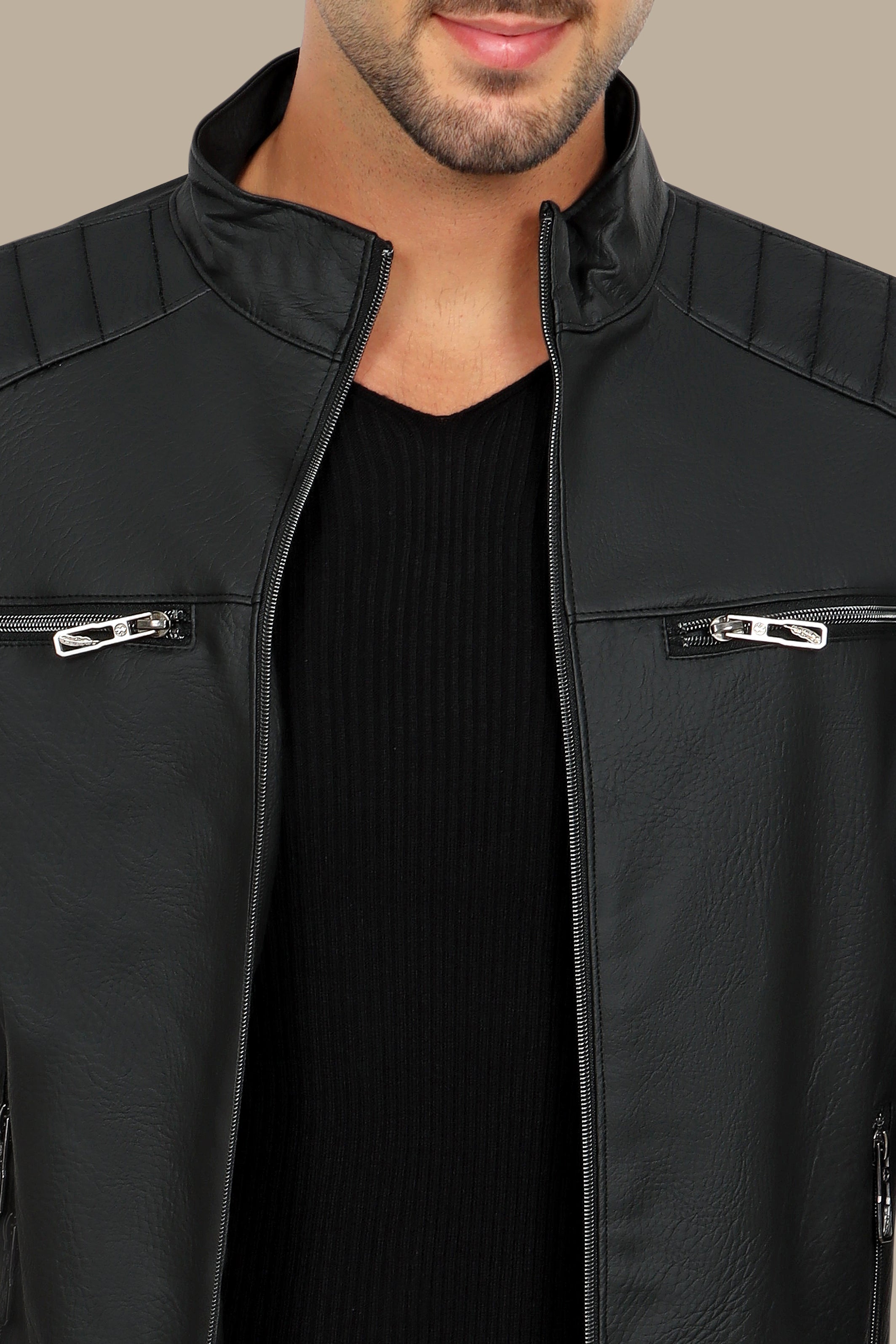 Rugged Elegance: Black Faux Leather Biker Jacket with Four Zippers