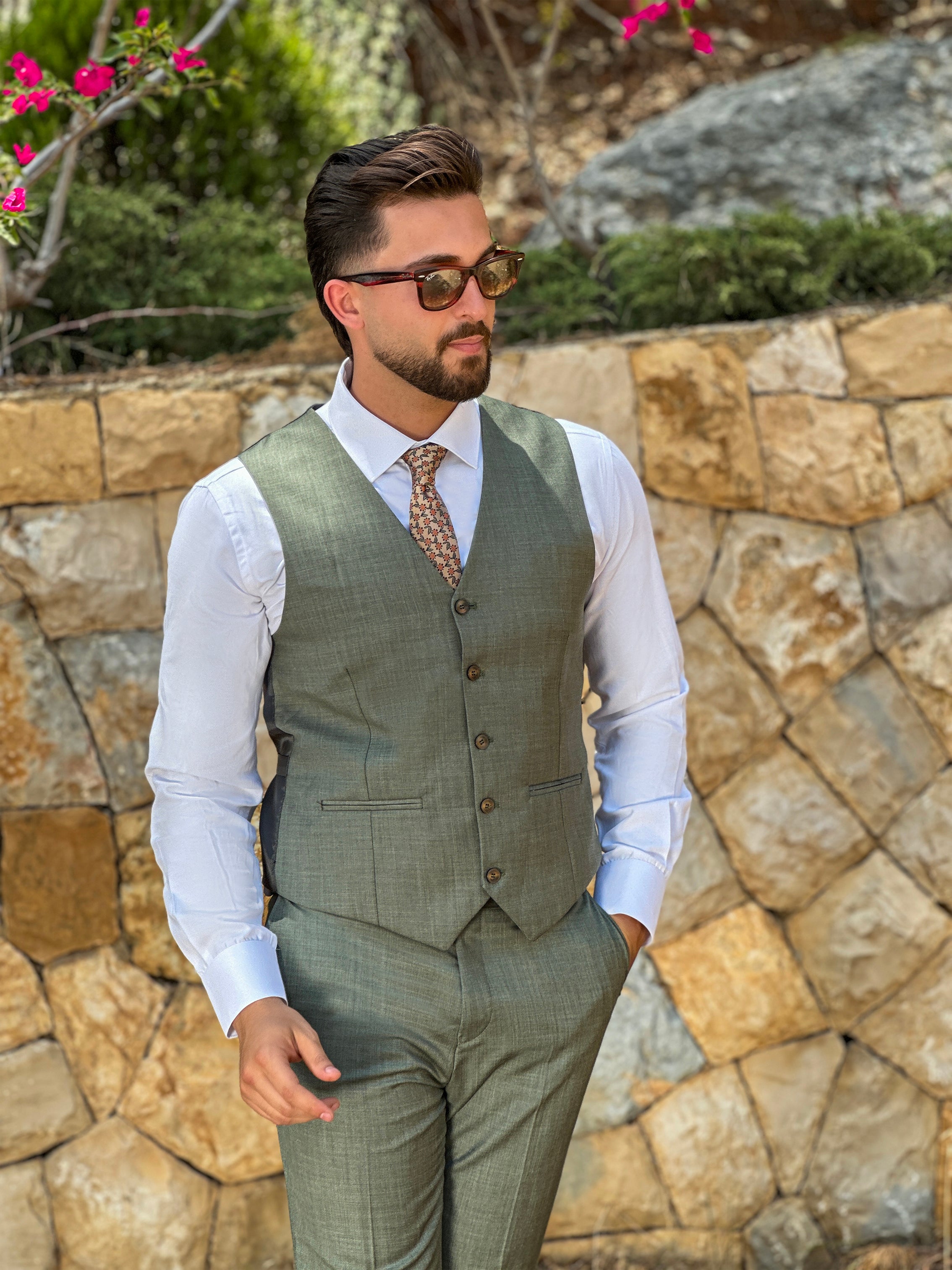 Olive Fil-à-Fil 3-Piece Suit with Notch Lapel