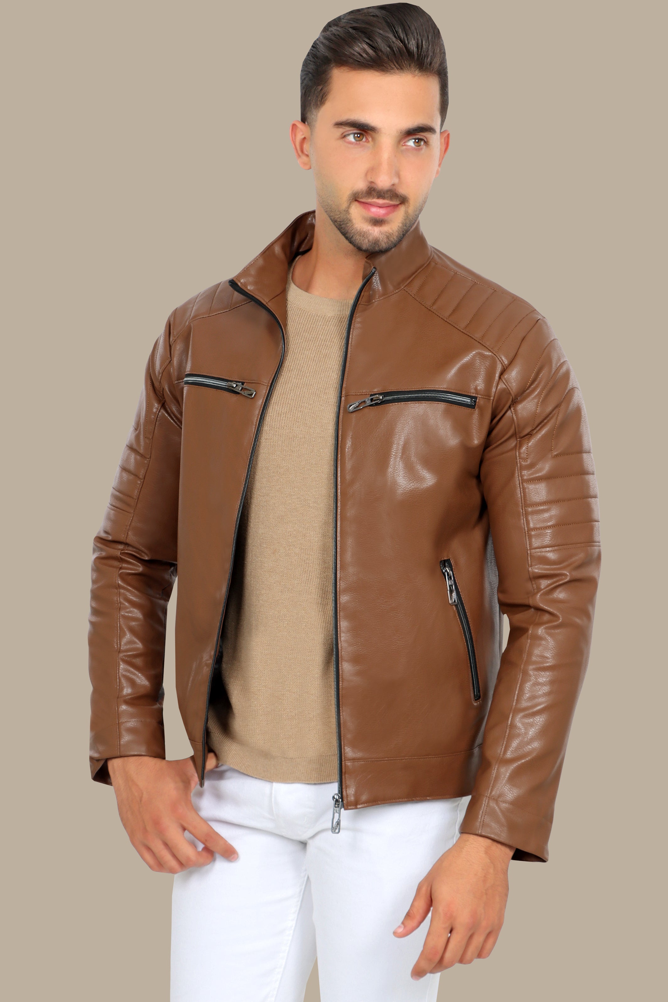 Havane Faux Biker Jacket with 4 Zippers