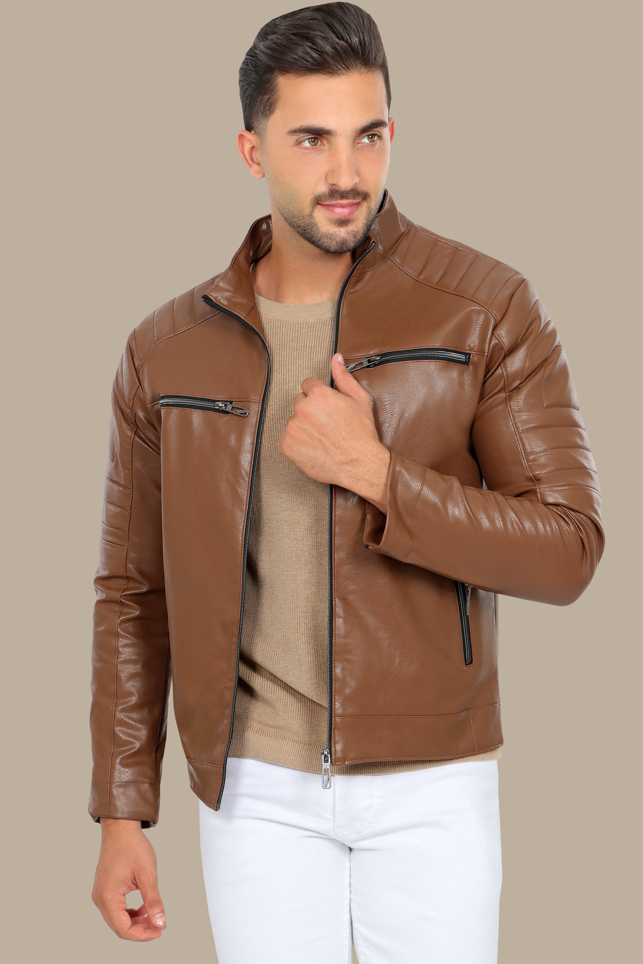 Havane Faux Biker Jacket with 4 Zippers