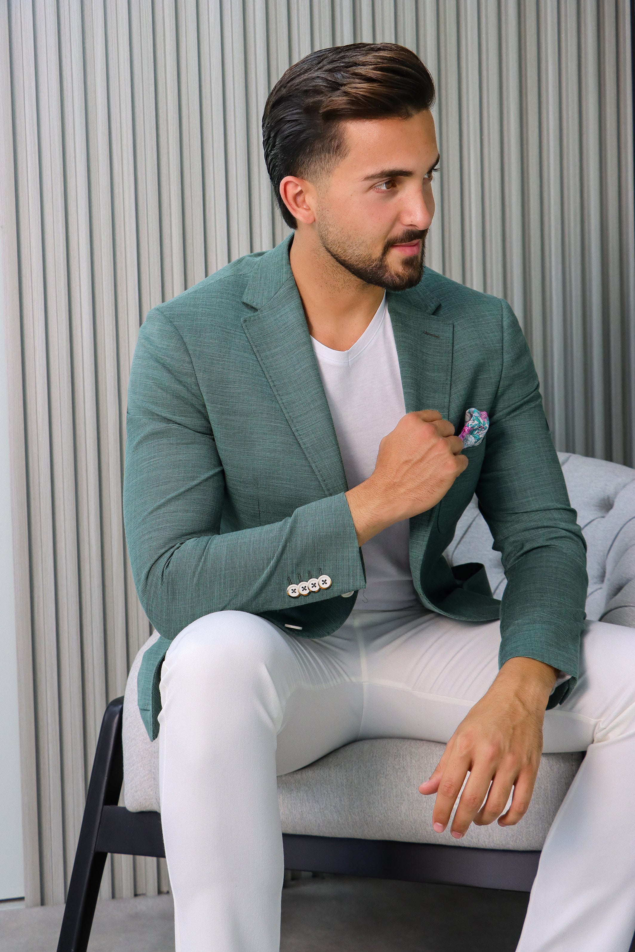 Green Slim Fit Blazer with Notch Lapel