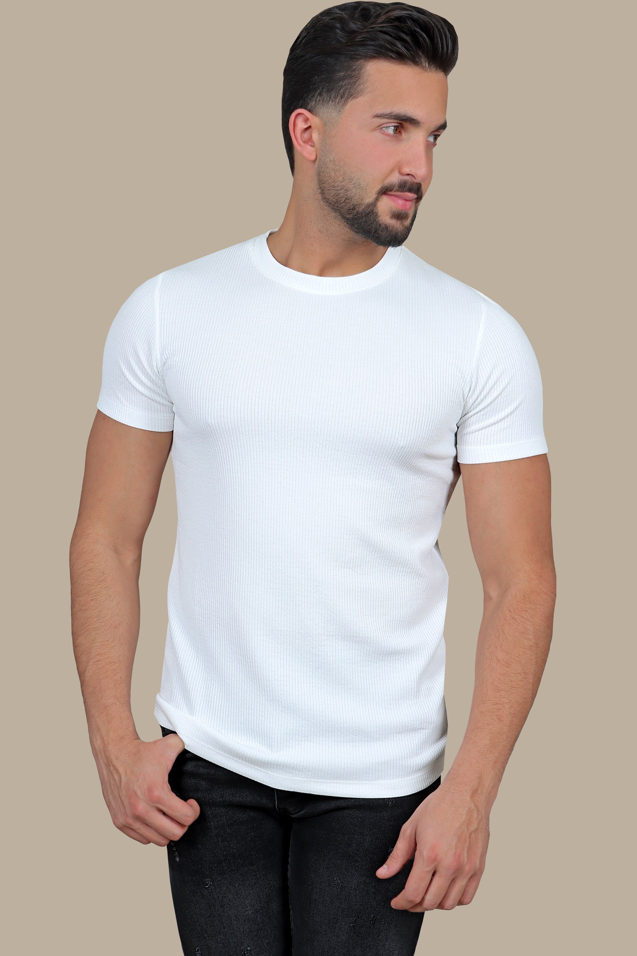 Urban Edge: White Ripped Vertical Round Neck T-Shirt