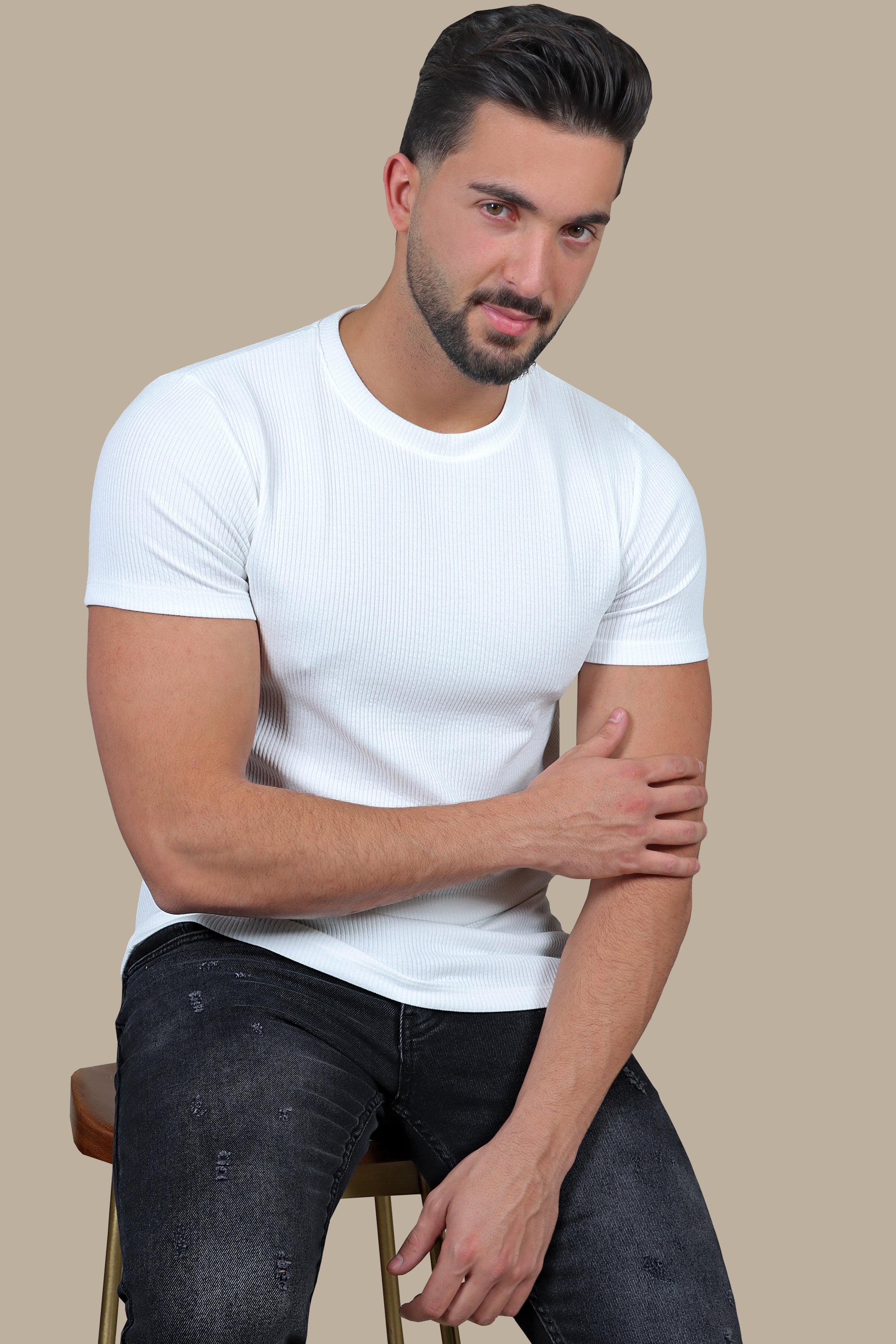 Urban Edge: White Ripped Vertical Round Neck T-Shirt