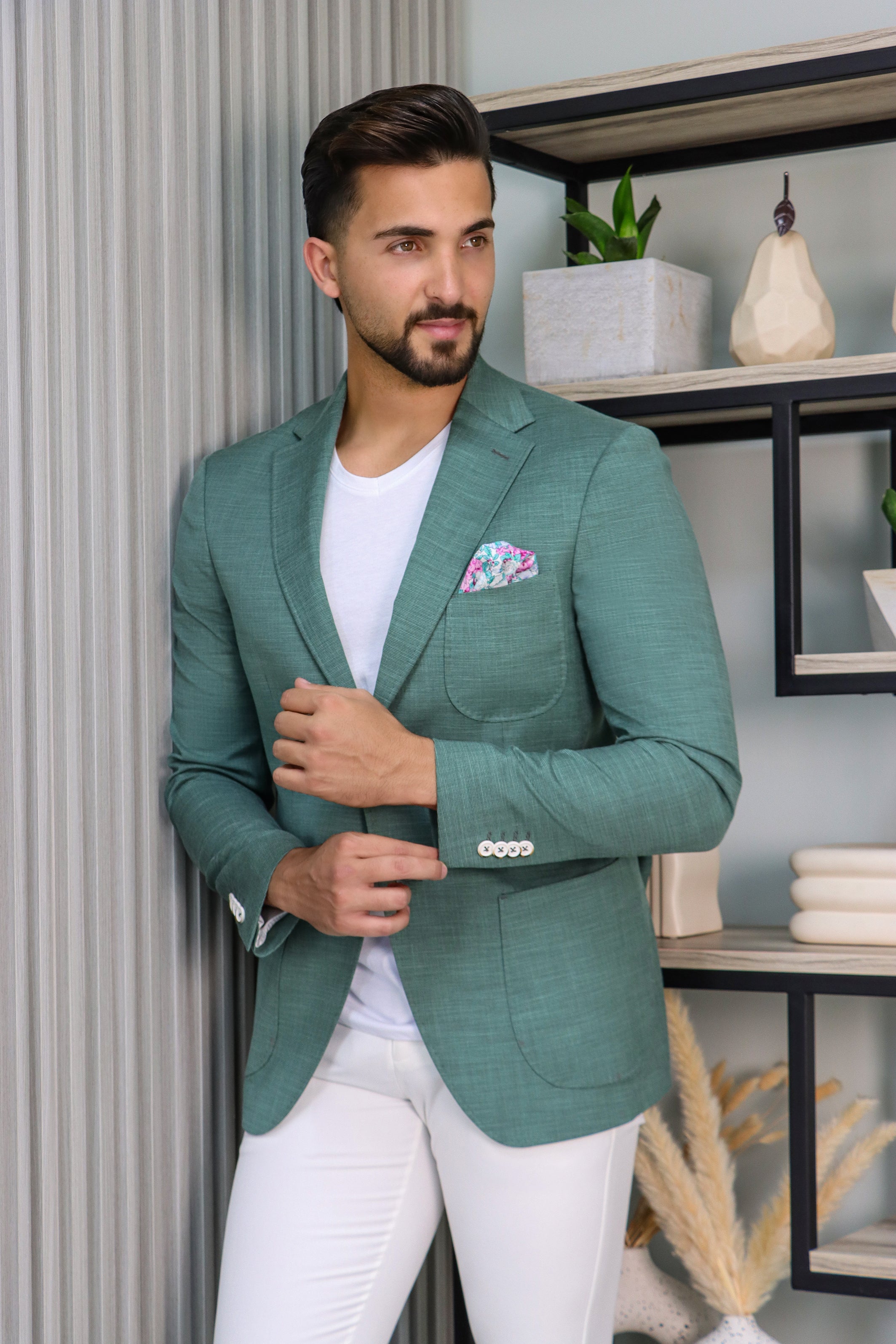 Green Slim Fit Blazer with Notch Lapel
