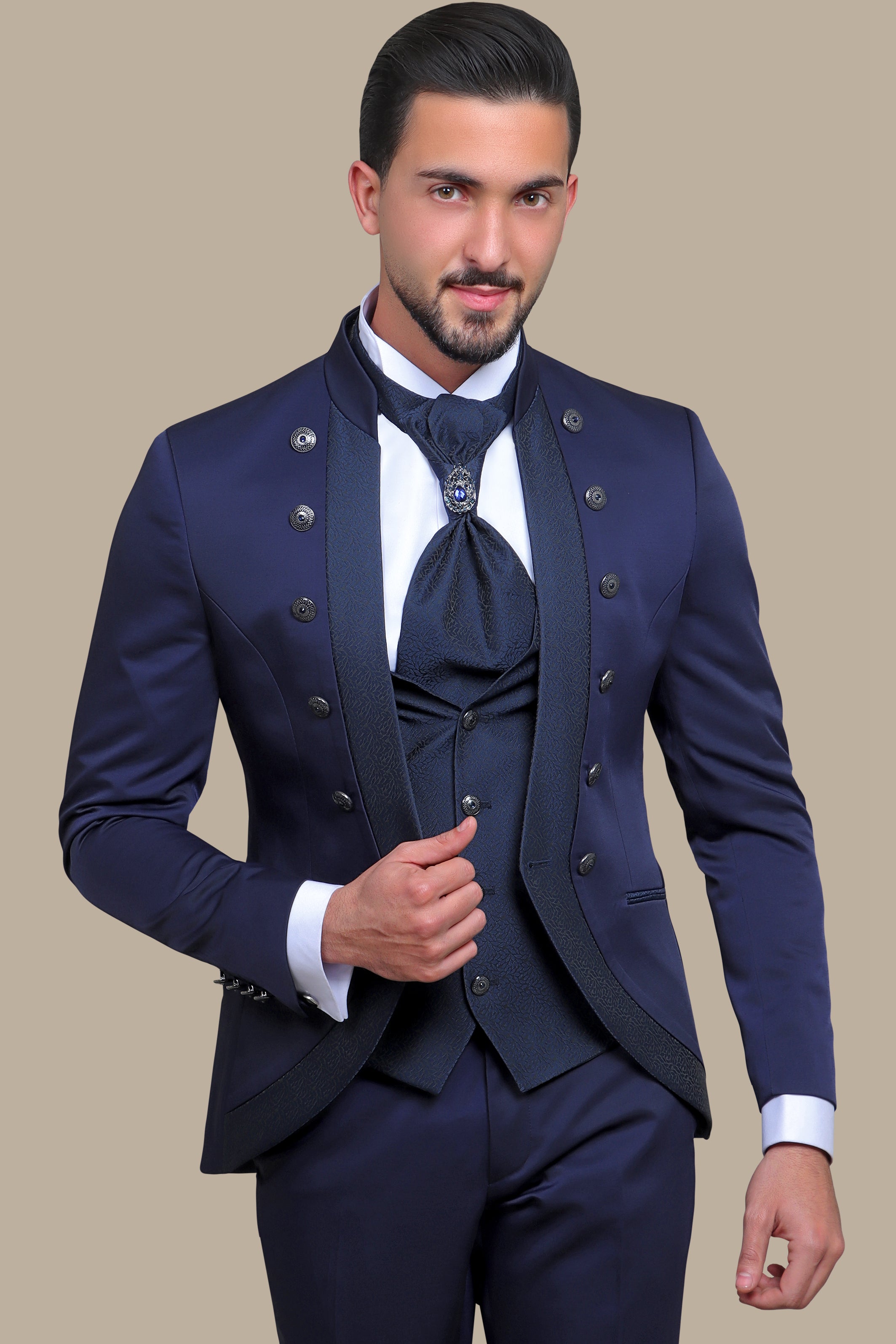 Navy 4-Piece Mao Collar Tuxedo with 12 Buttons