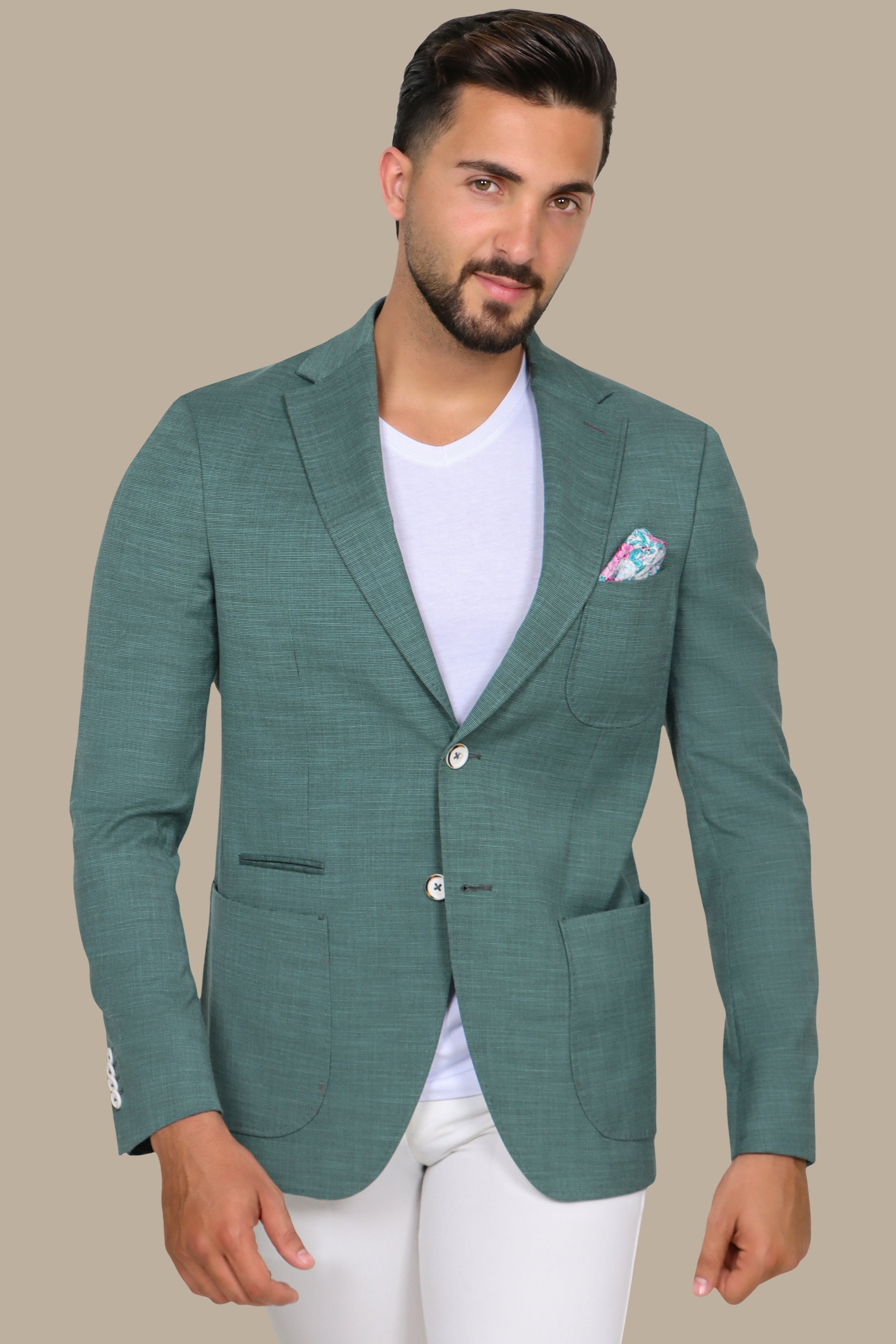 Green Slim Fit Blazer with Notch Lapel