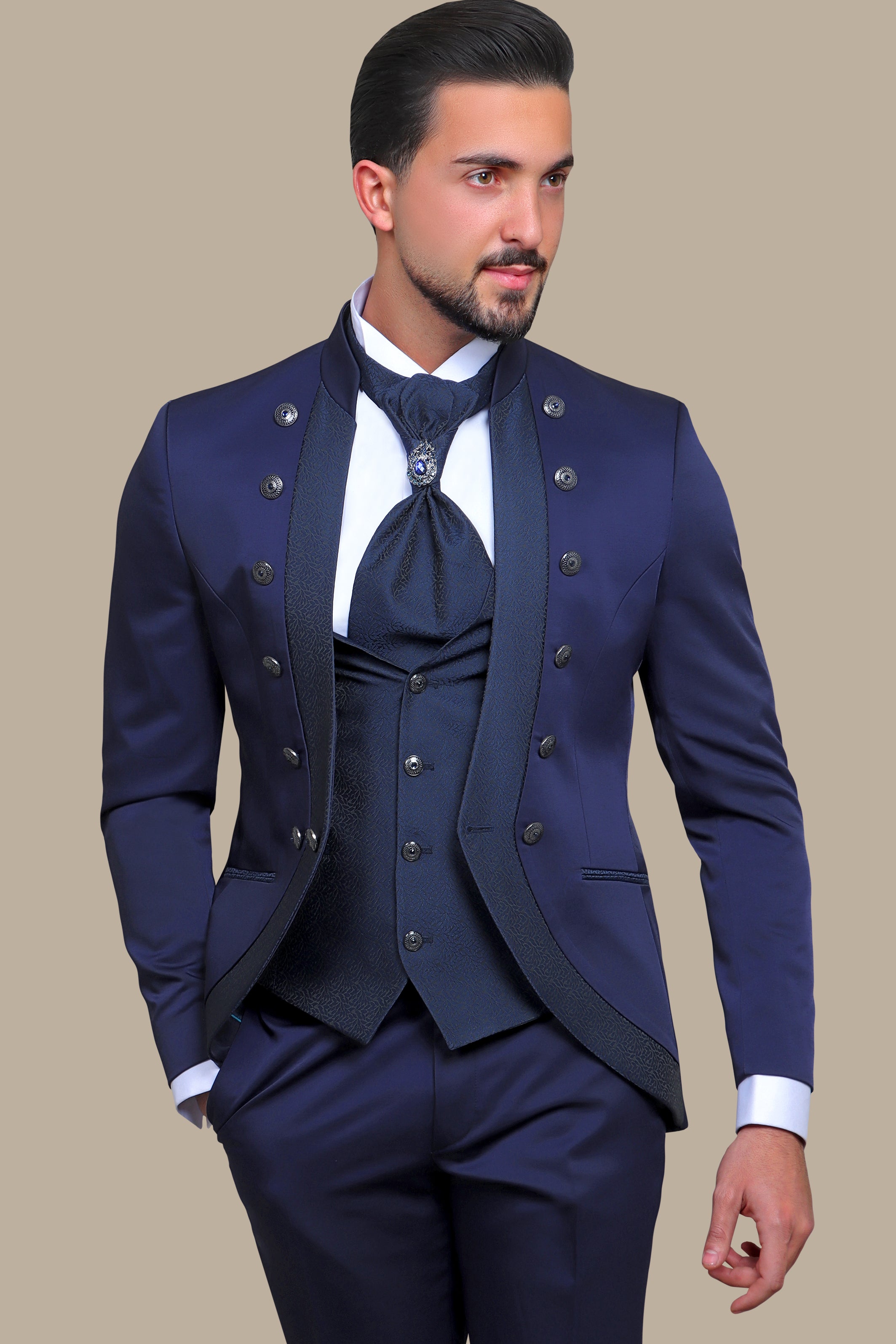 Navy 4-Piece Mao Collar Tuxedo with 12 Buttons