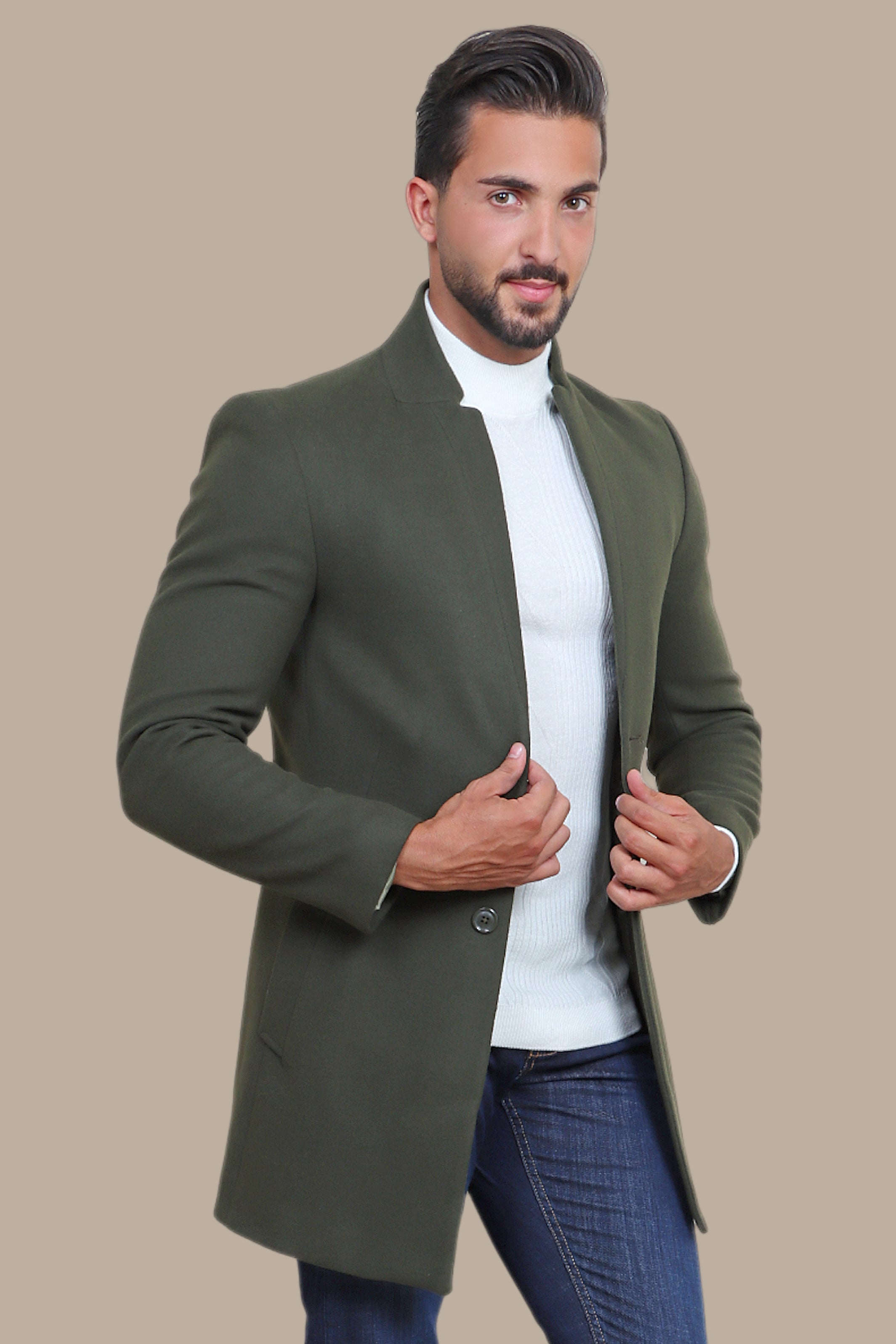 Khaki Classic: Embrace Timeless Style with the Coat Col Mao in Basic Khaki