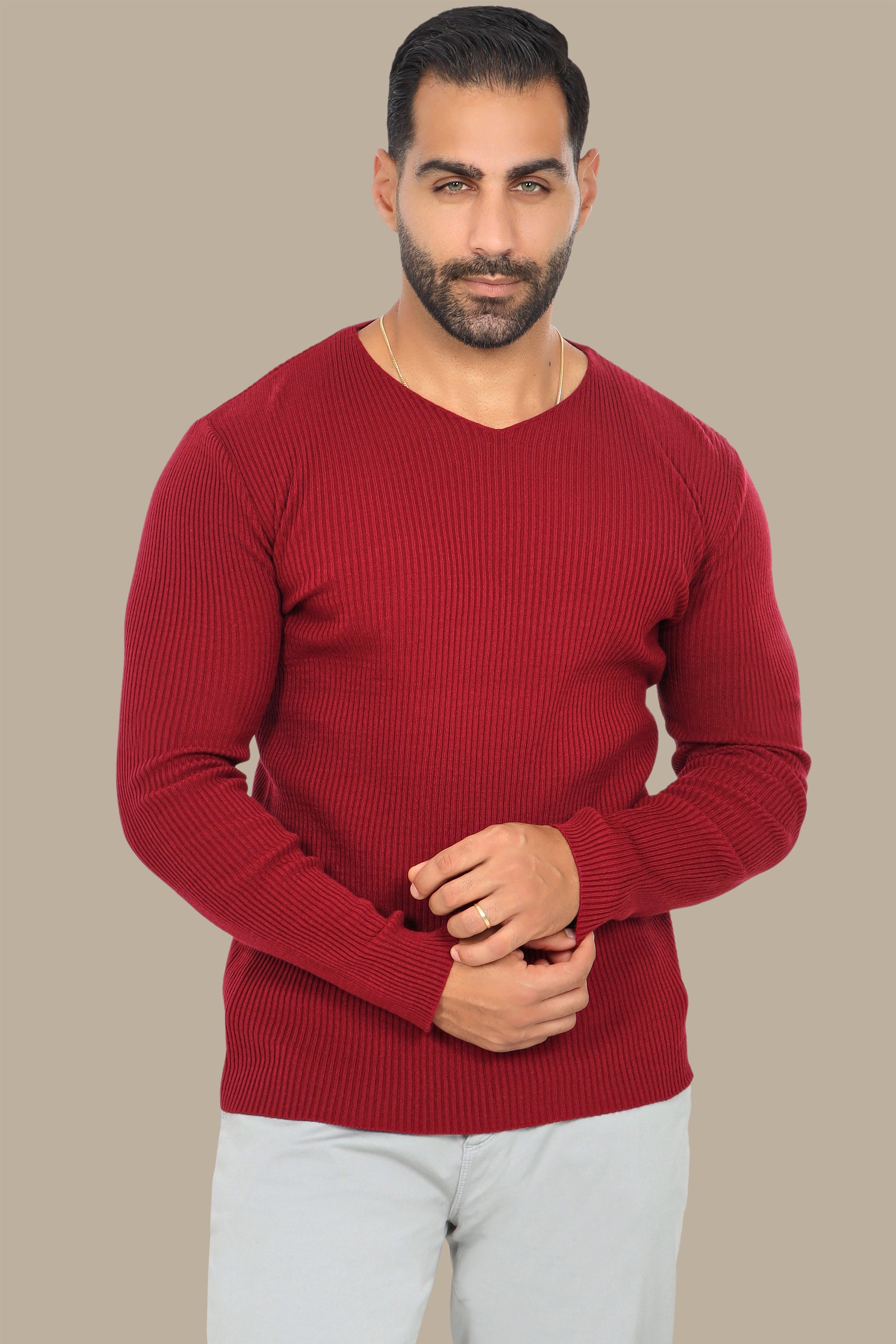 Classic Elegance: Bordeaux Ribbed V-Neck Sweater