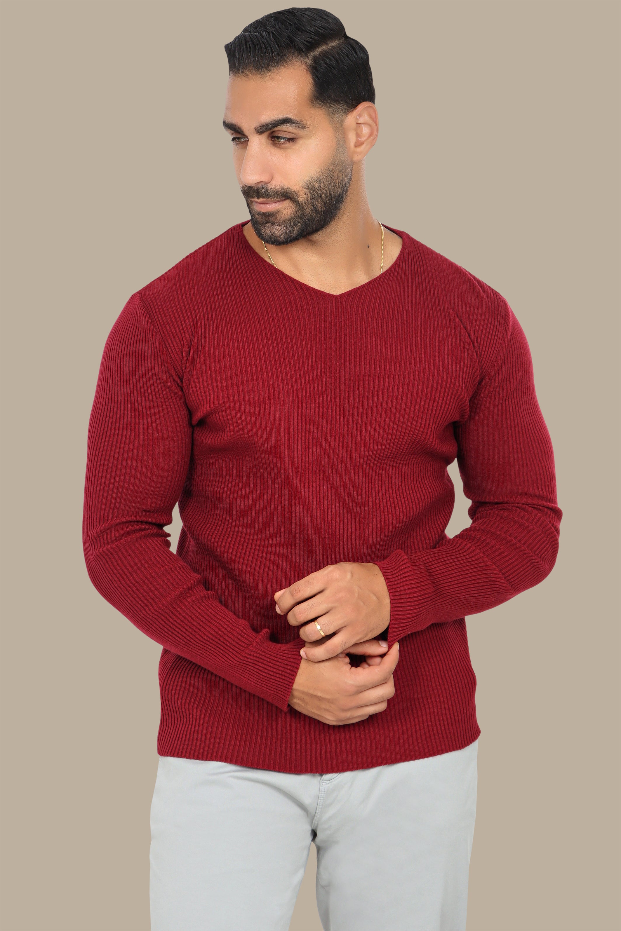 Classic Elegance: Bordeaux Ribbed V-Neck Sweater