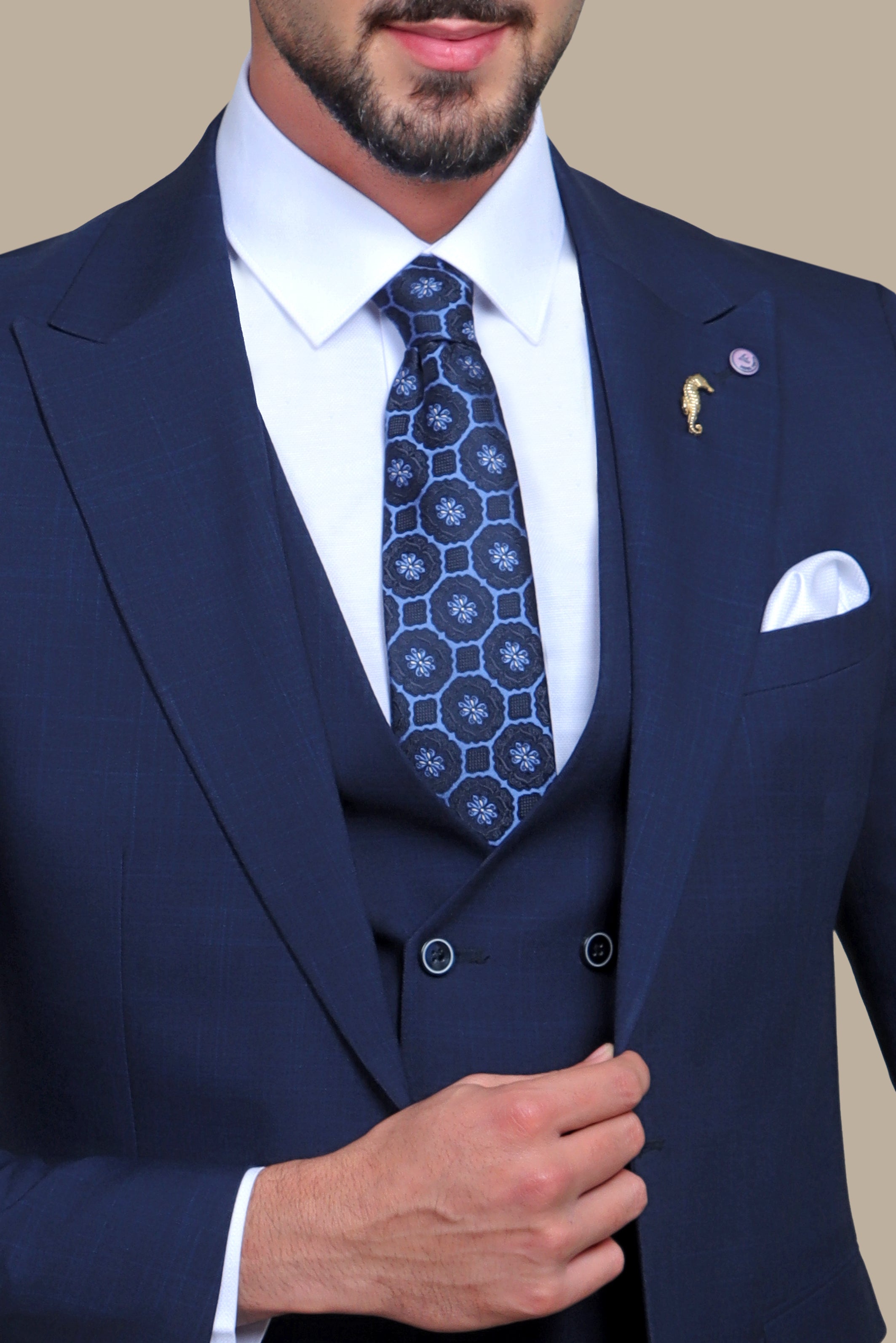 Navy Checked Excellence: The Peak Lapel 3-Piece Suit