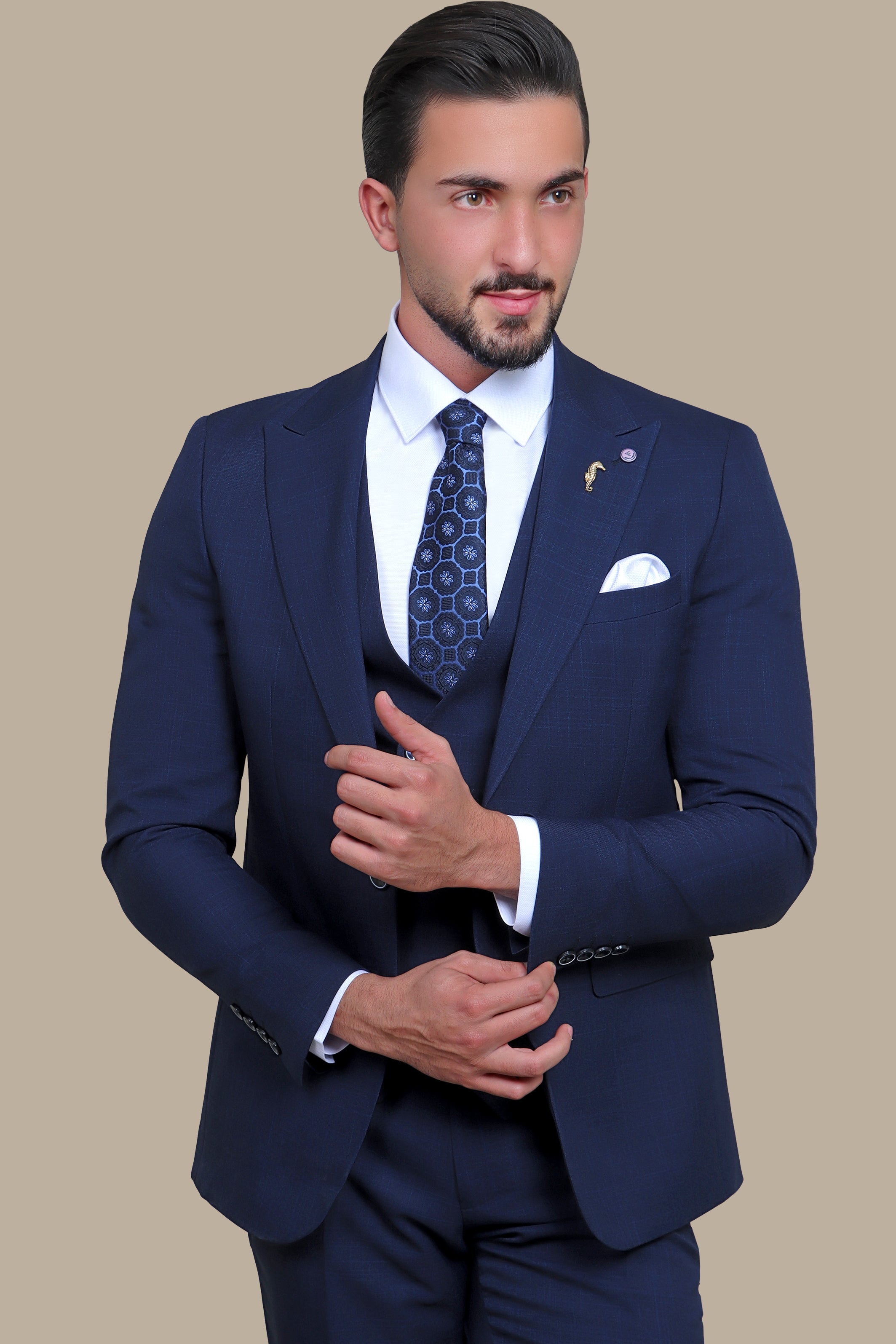 Navy Checked Excellence: The Peak Lapel 3-Piece Suit