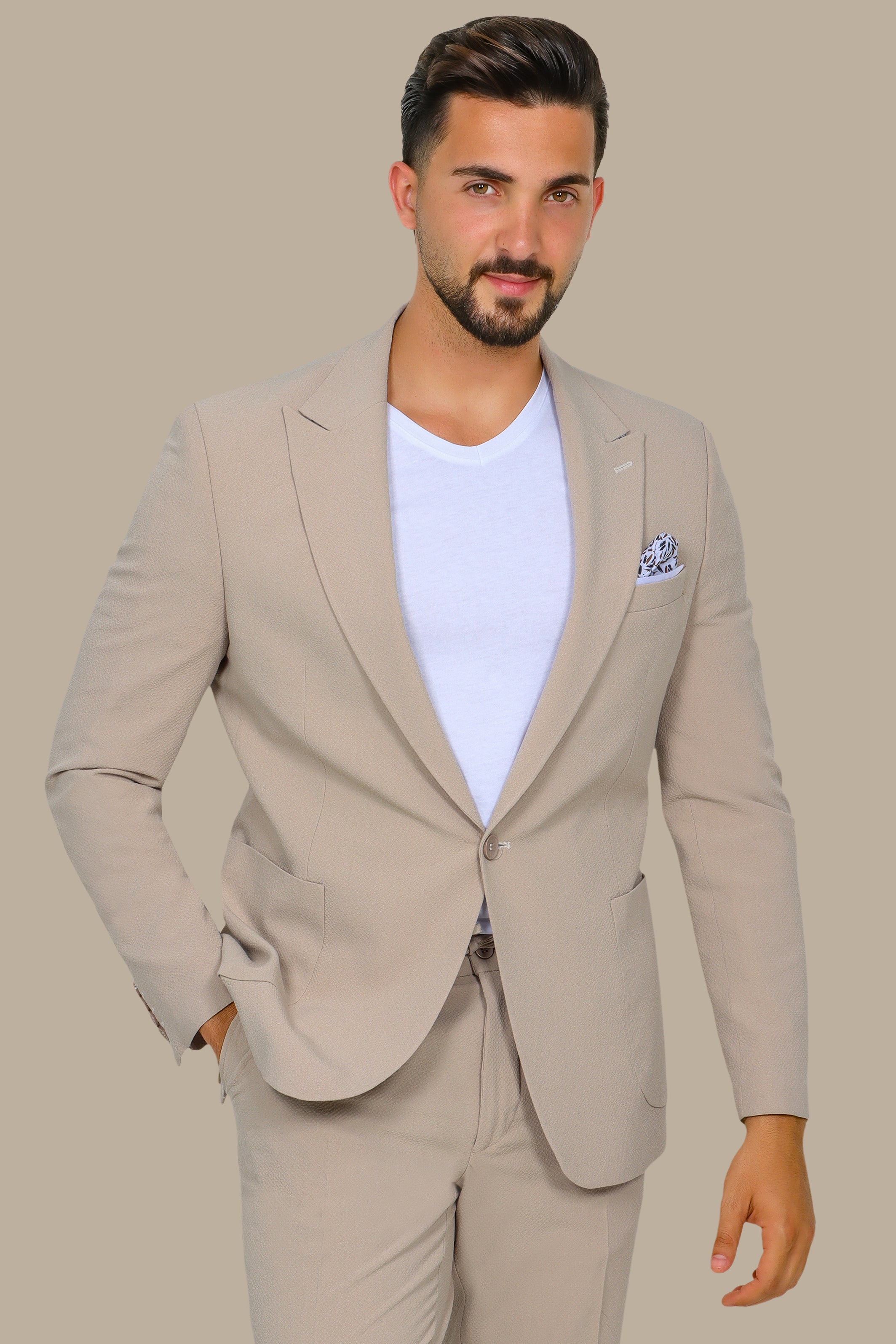 Beige Travel Suit: Structured with Peak Lapel