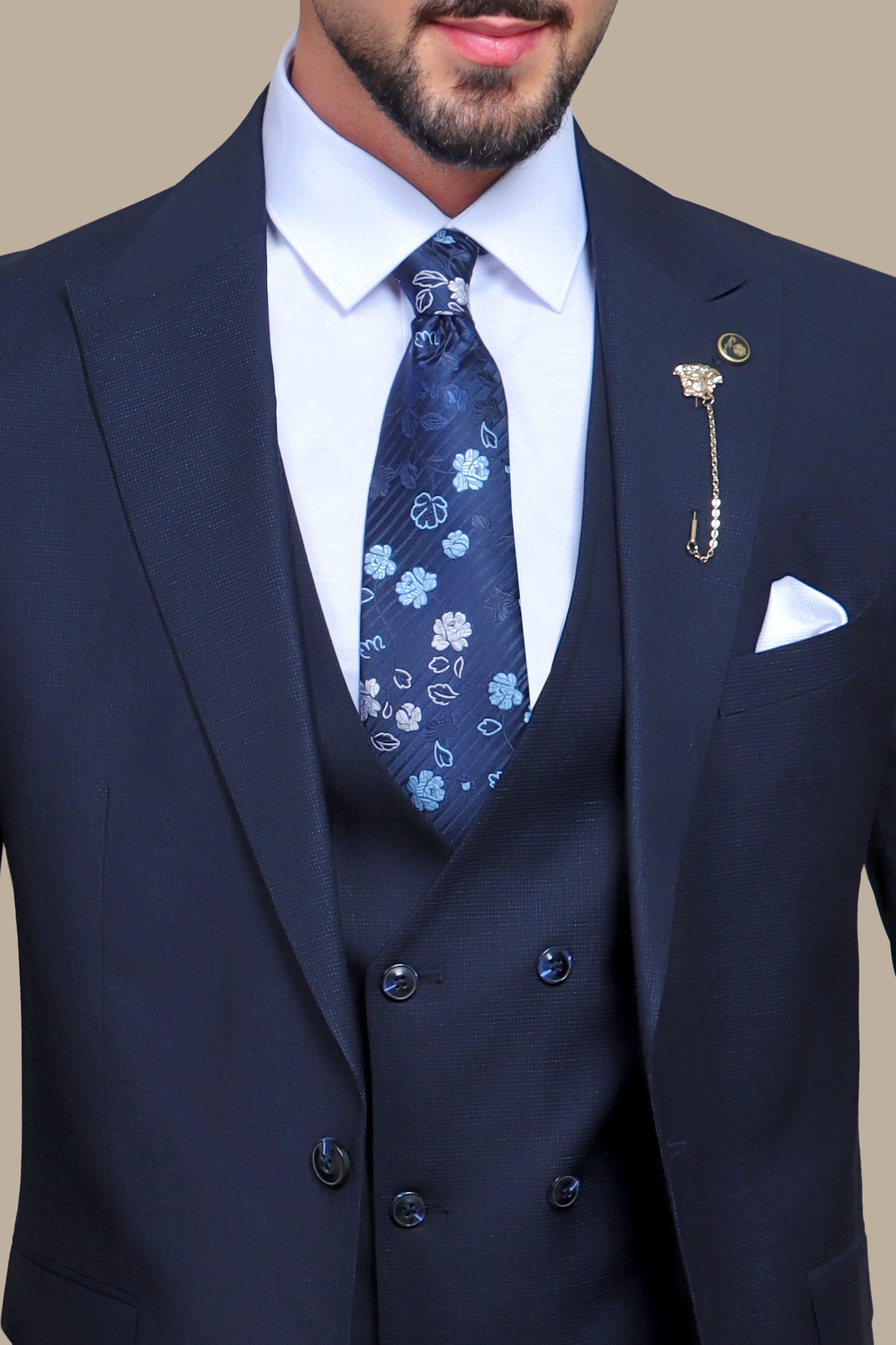 Navy Checkered Elegance: The Peak Lapel 3-Piece Suit