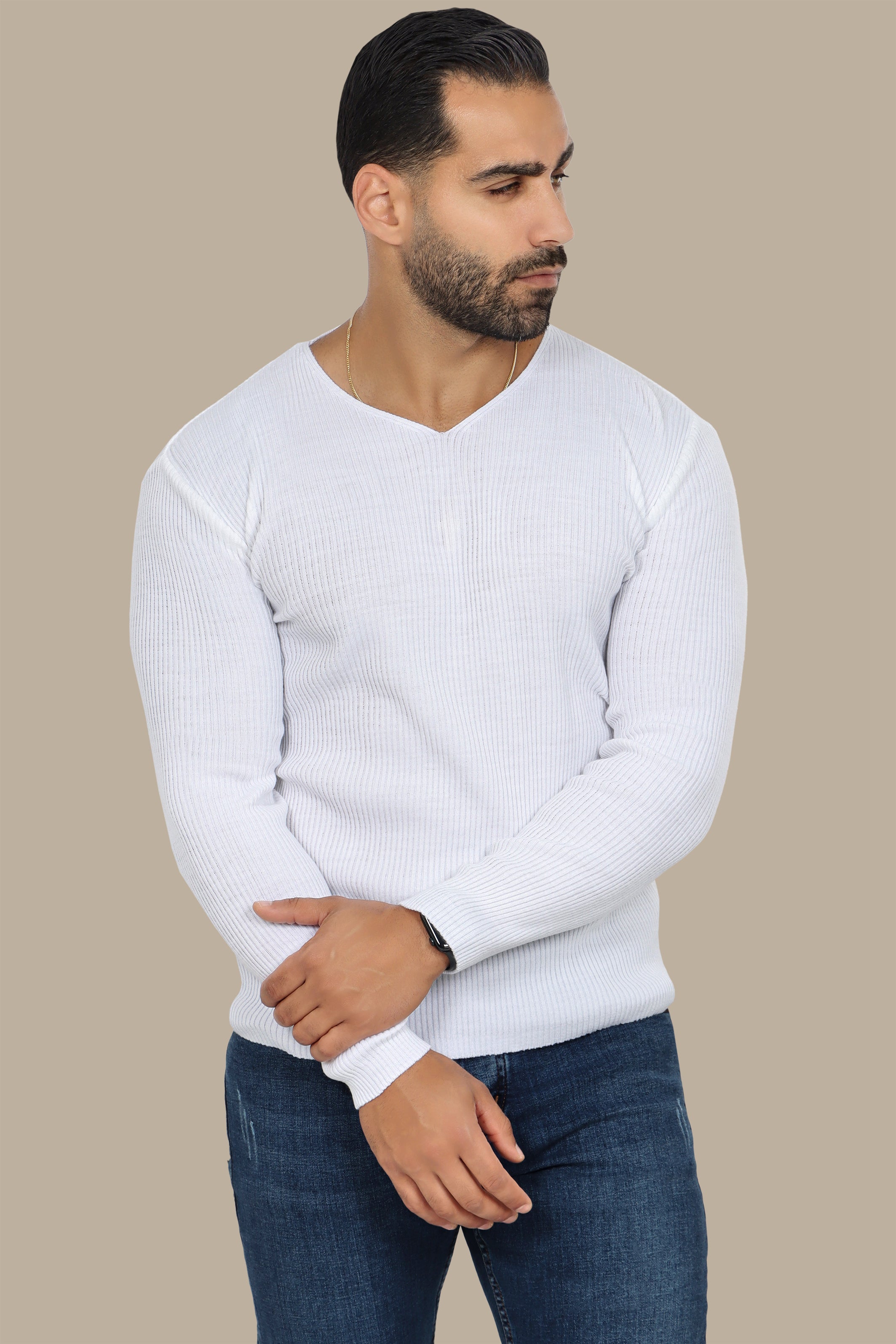 Classic Elegance: White Ribbed V-Neck Sweater