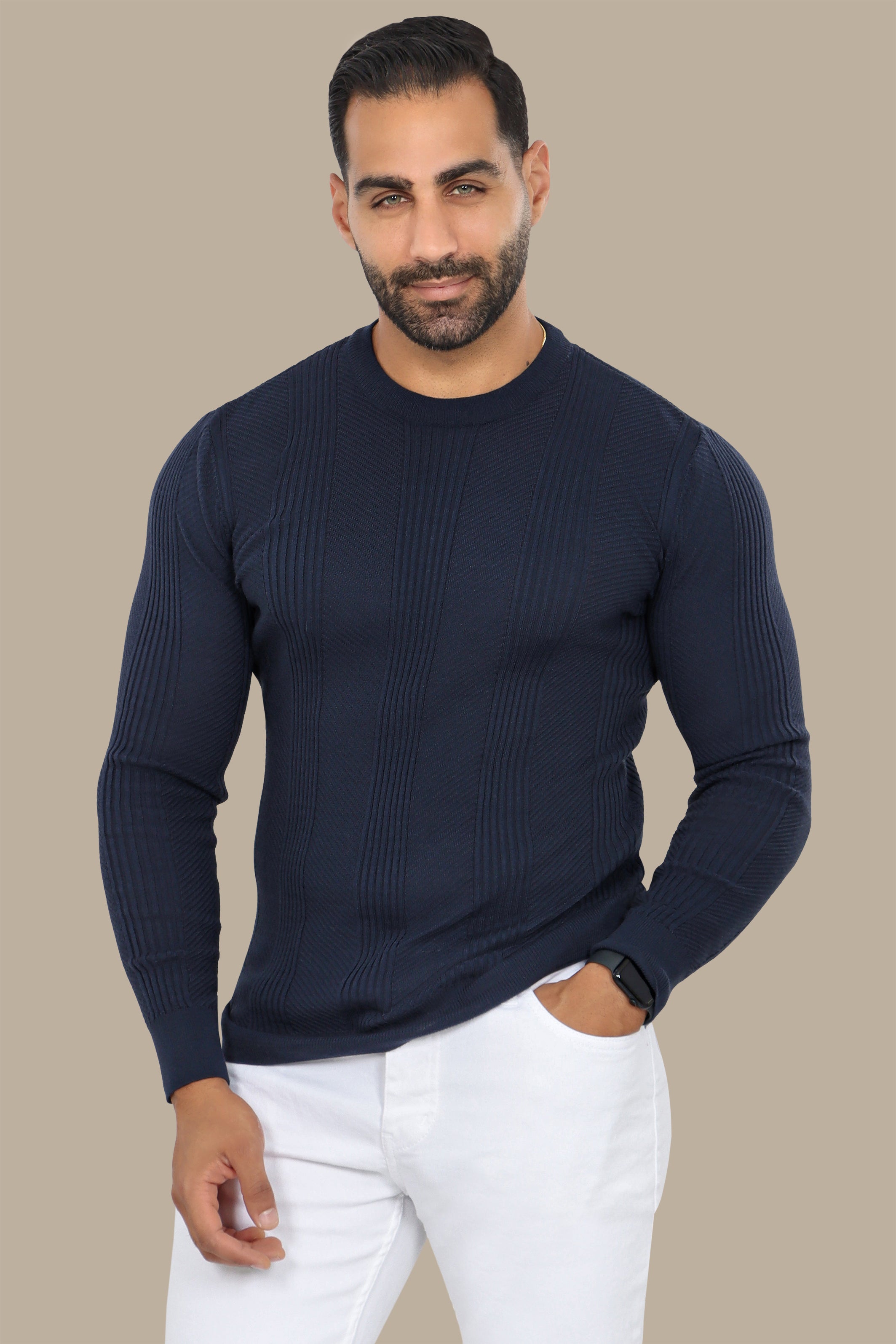 Navy Structured Sweater with 3 Wide Lines