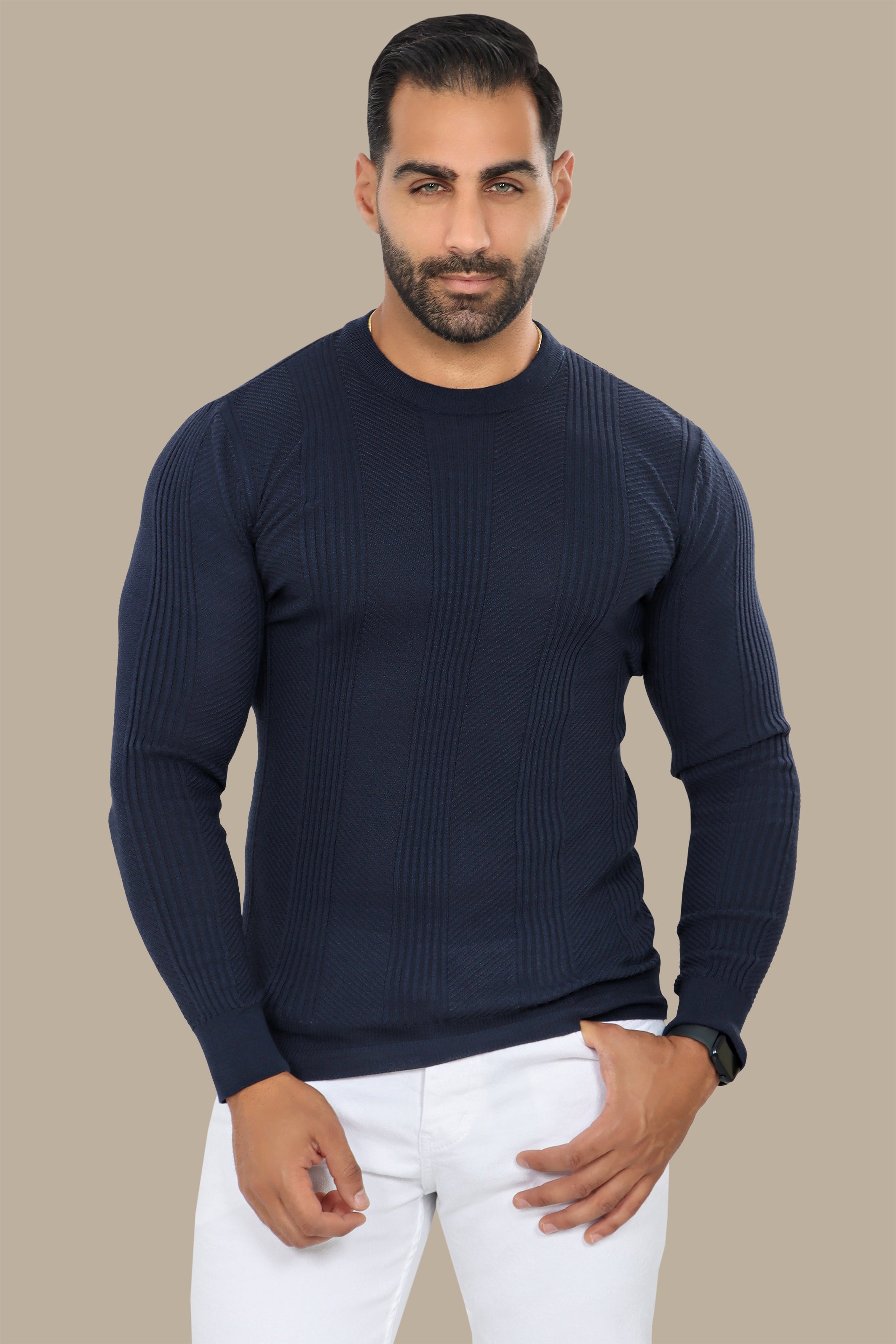 Navy Structured Sweater with 3 Wide Lines