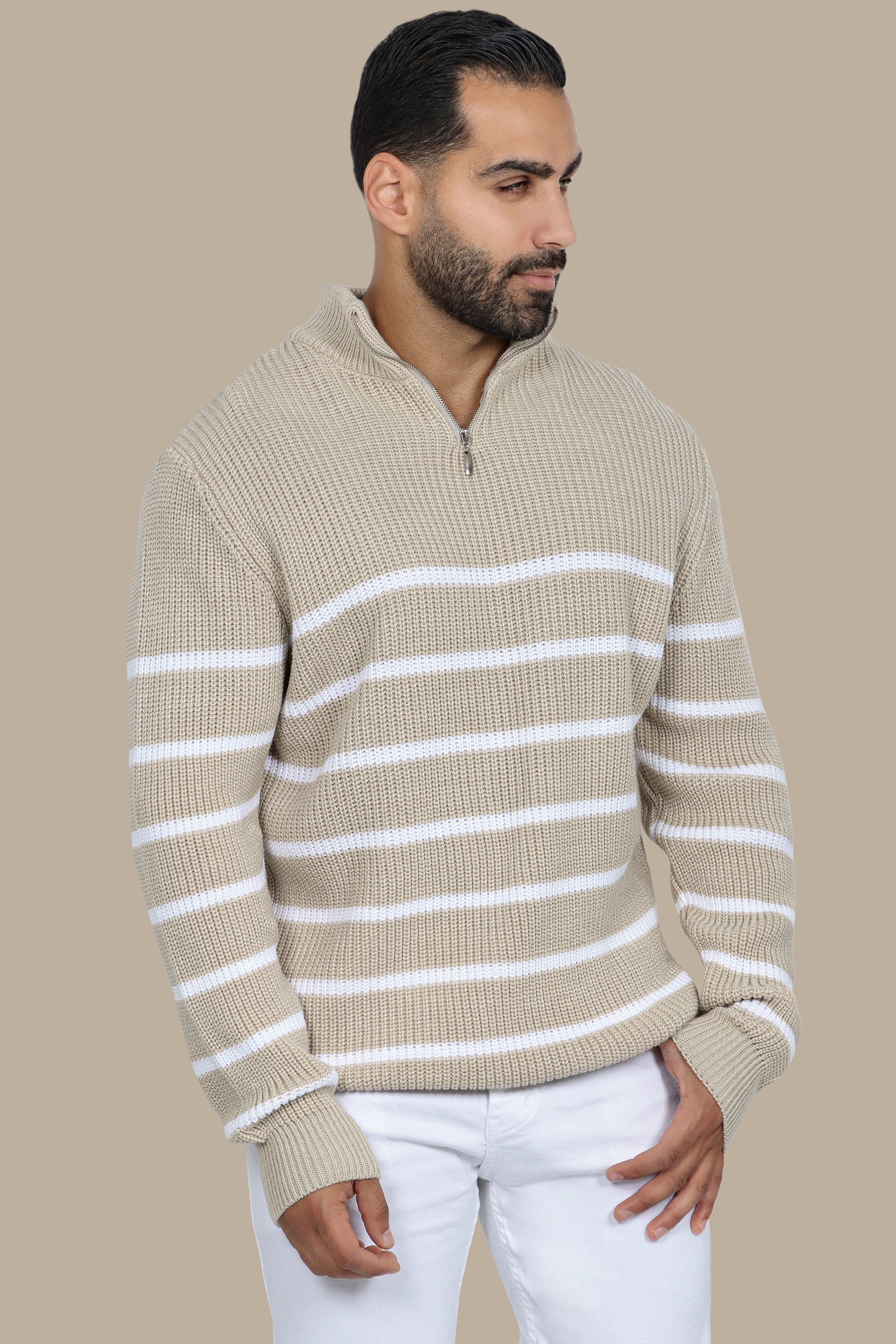 Beige Half-Zipper Mercerized Sweater with Small Stripes