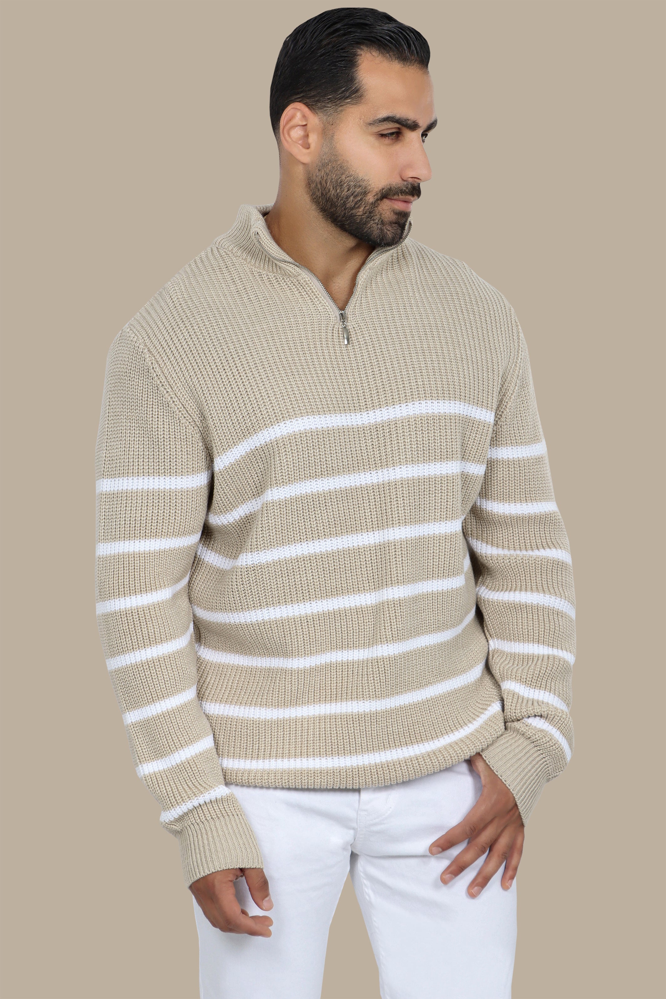 Beige Half-Zipper Mercerized Sweater with Small Stripes