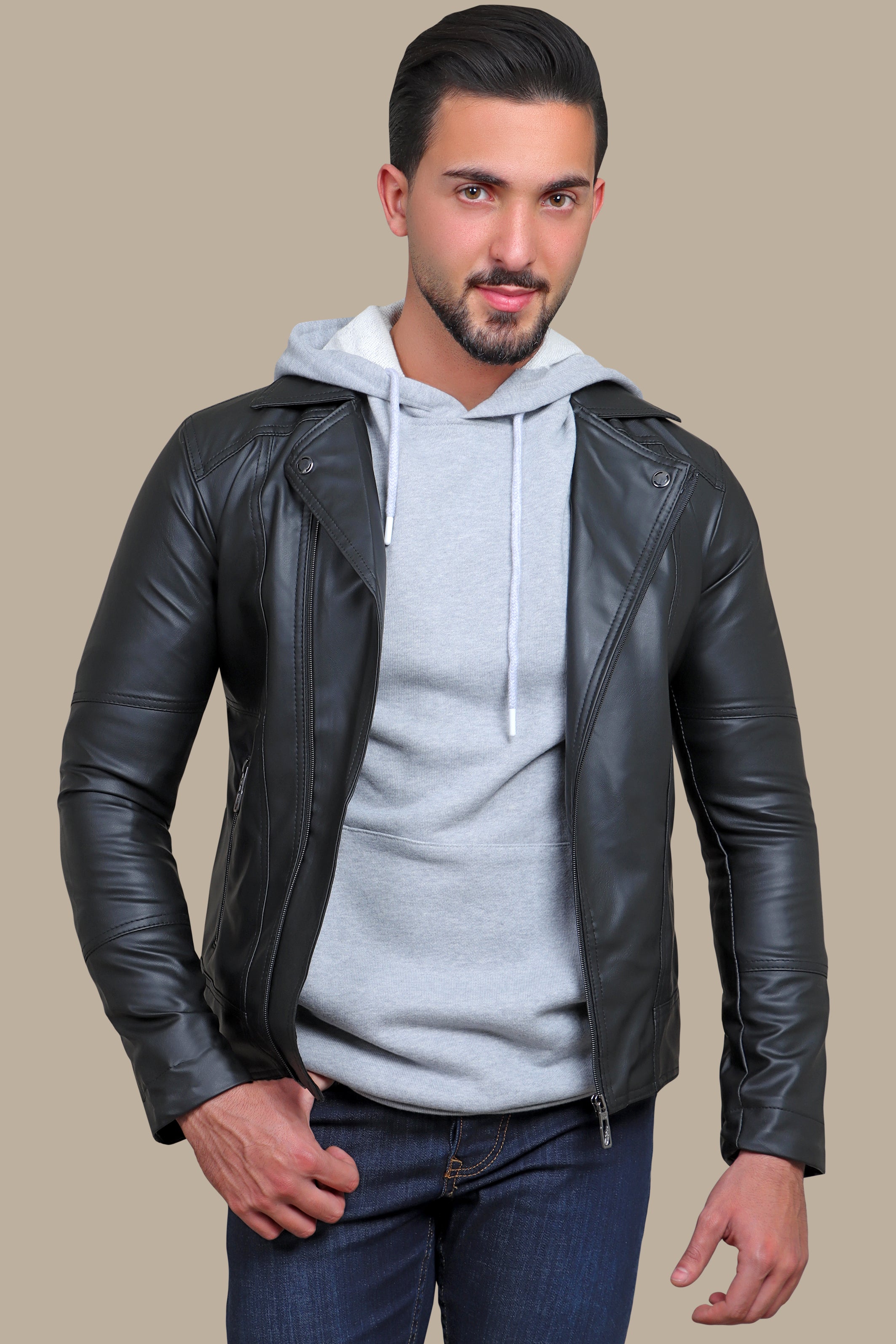 Mens Hooded Biker Leather Jacket - Black: Buy Online - Happy Gentleman  United States