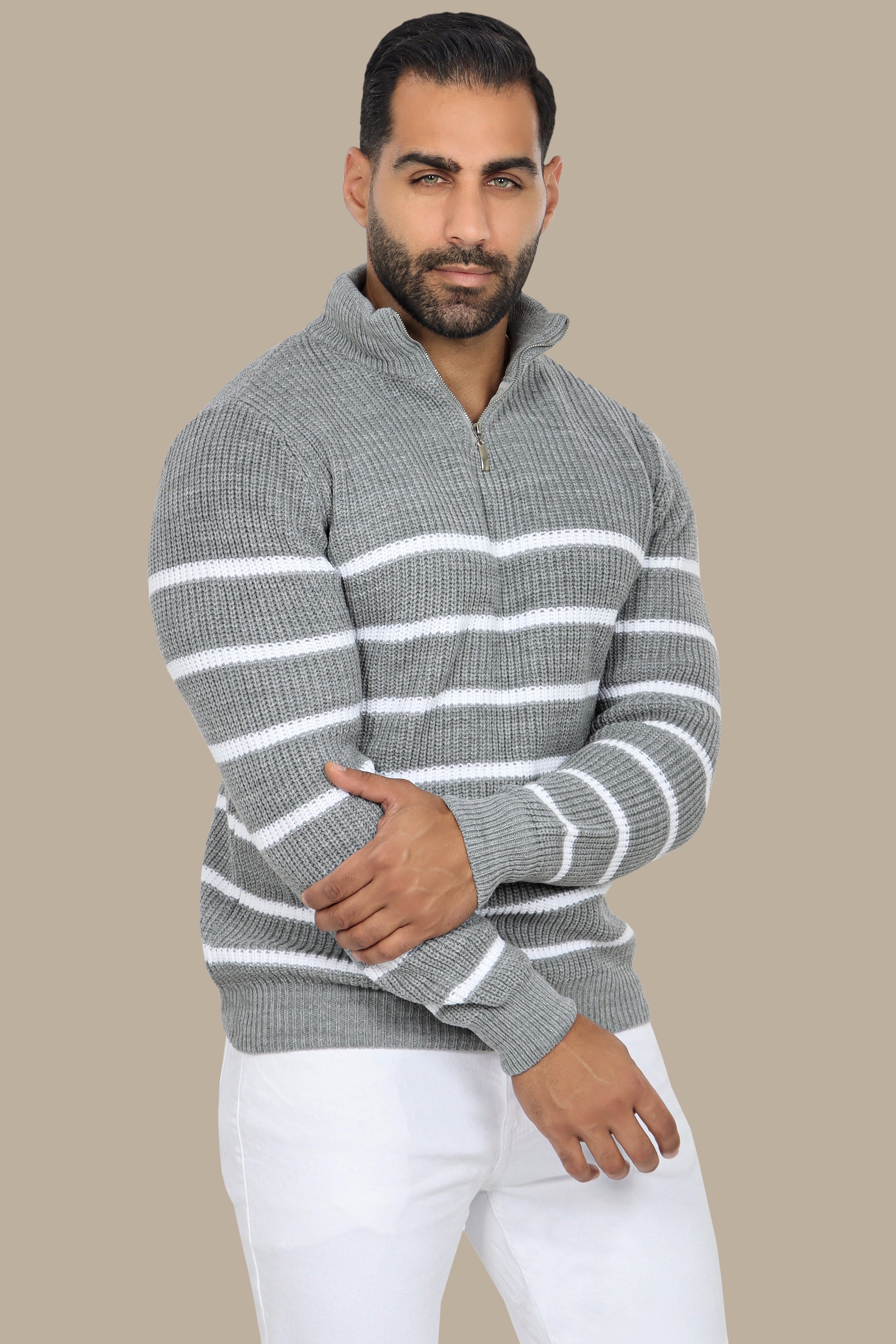 Grey Half-Zip Mercerized Sweater with Subtle Stripes