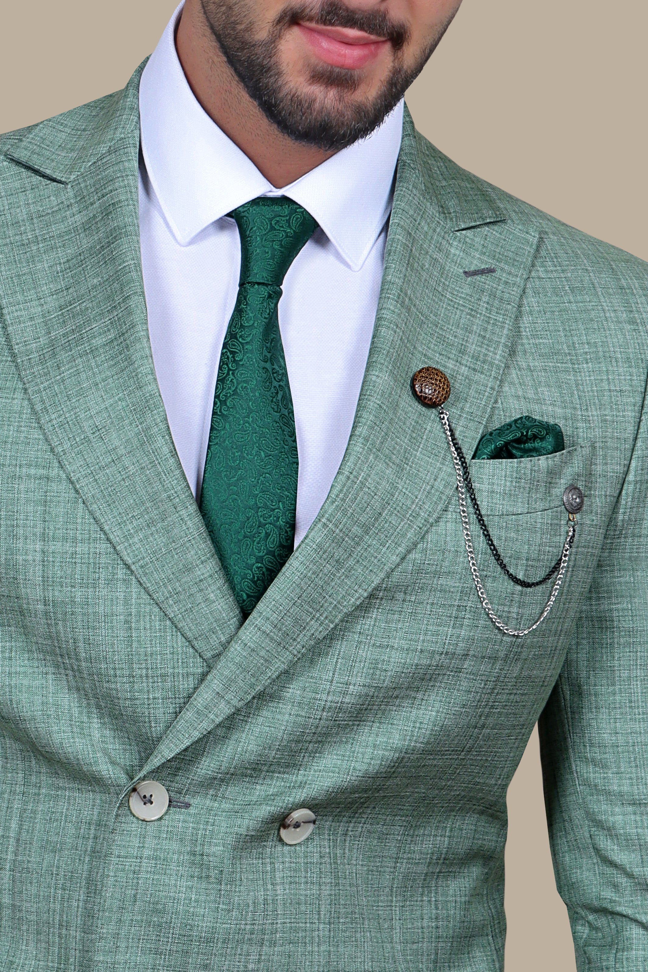 Green Filafil Classic: Double-Breasted Suit with Patch Pockets