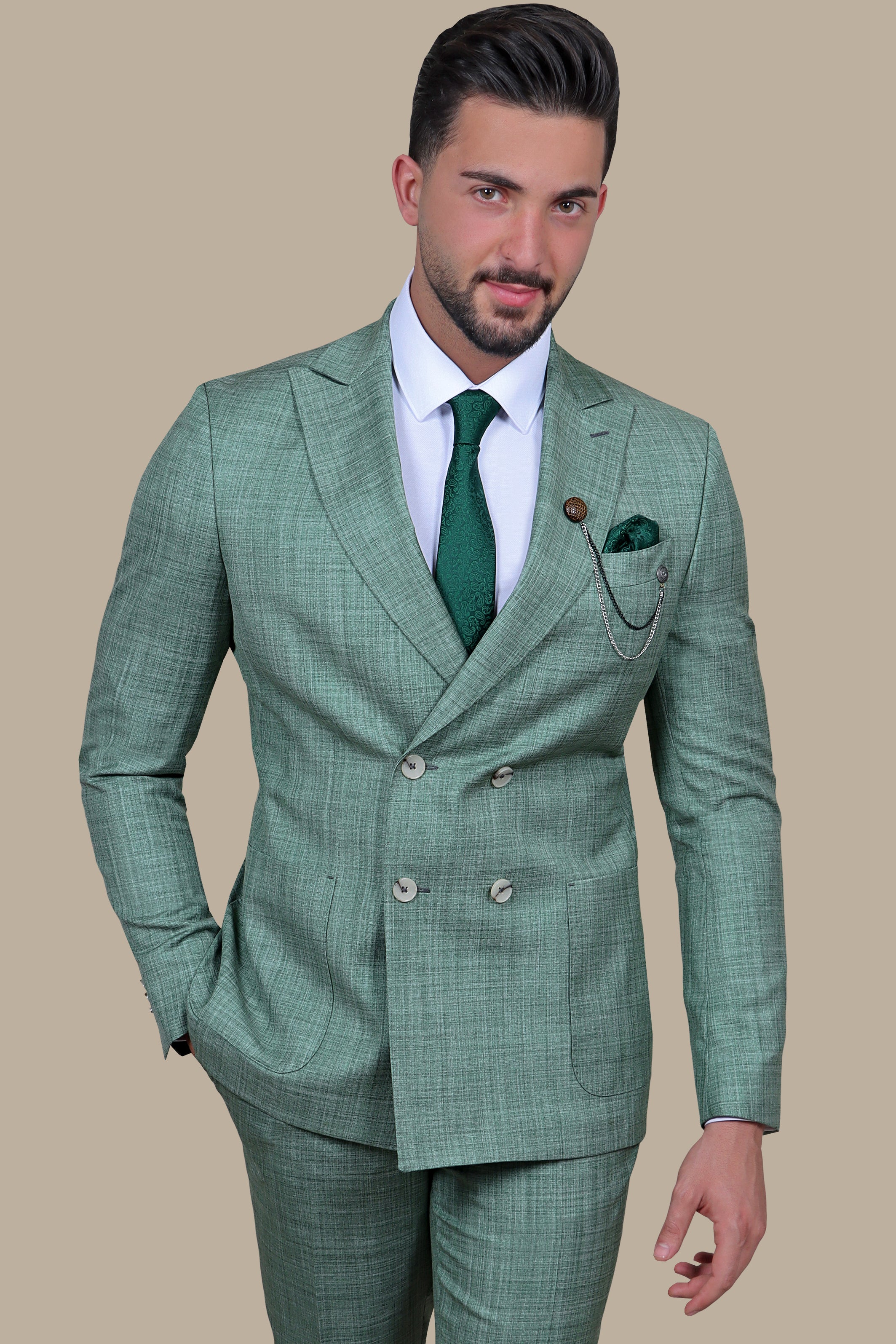 Green Filafil Classic: Double-Breasted Suit with Patch Pockets