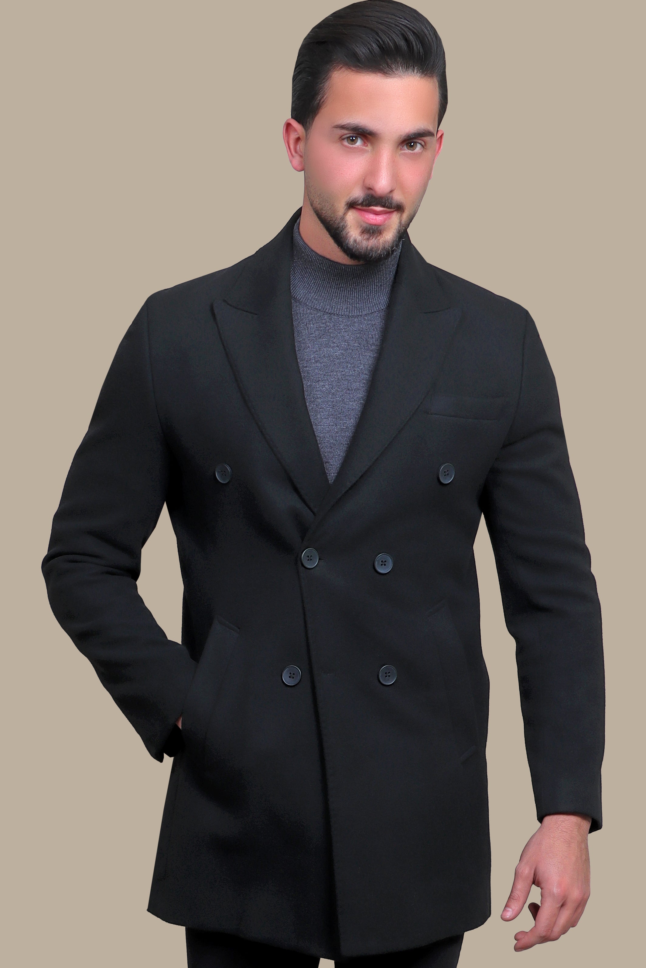 Black Opulence: Double-Breasted Coat for Timeless Sophistication