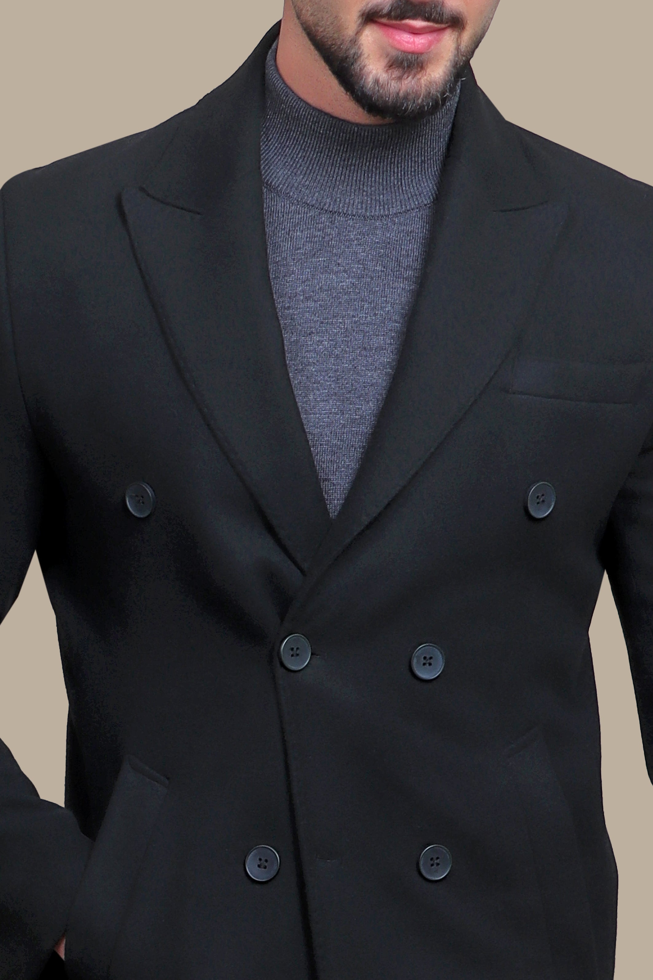 Black Opulence: Double-Breasted Coat for Timeless Sophistication