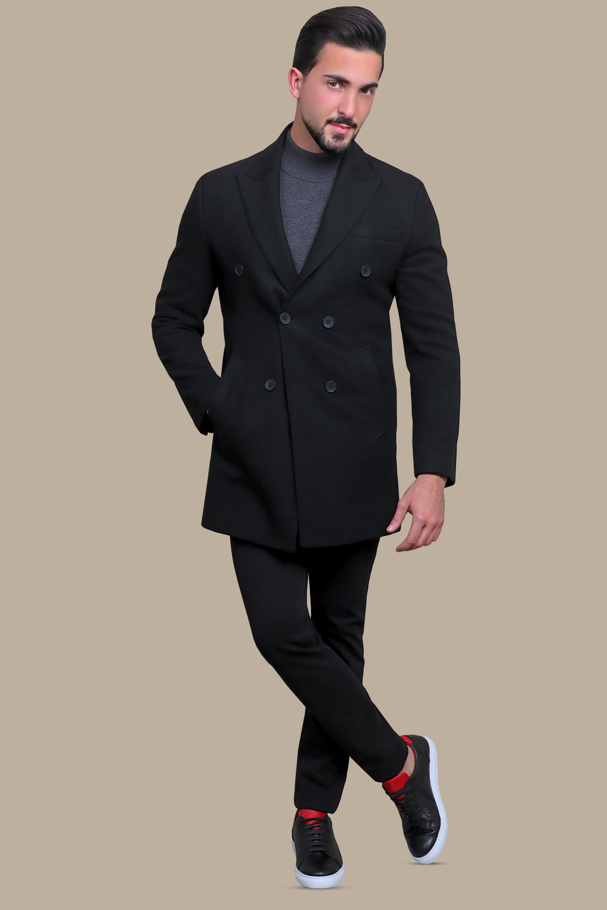 Black Opulence: Double-Breasted Coat for Timeless Sophistication