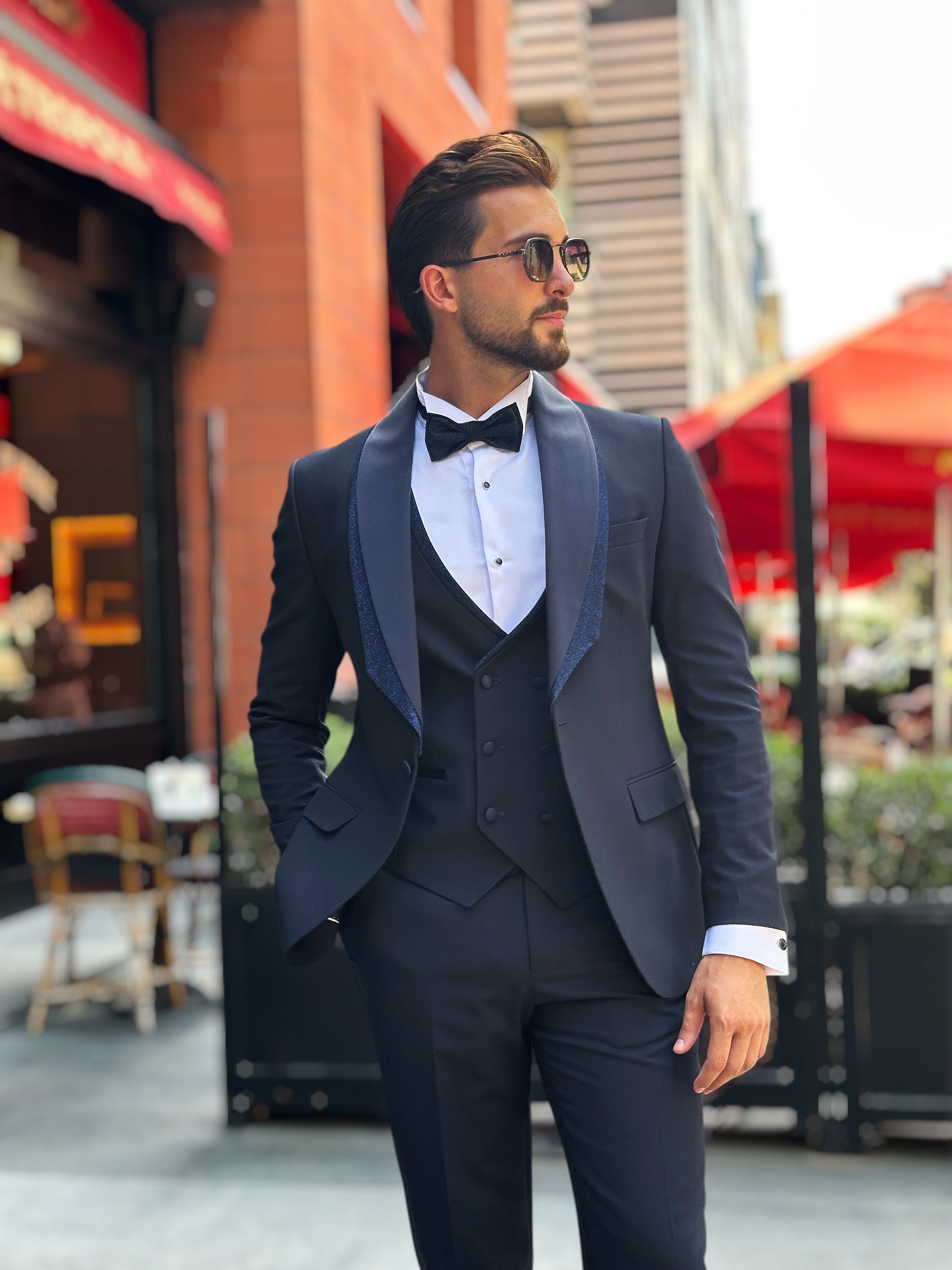 Navy Tuxedo with Glittered Shawl Collar – 4-Piece, 2-Layer Set