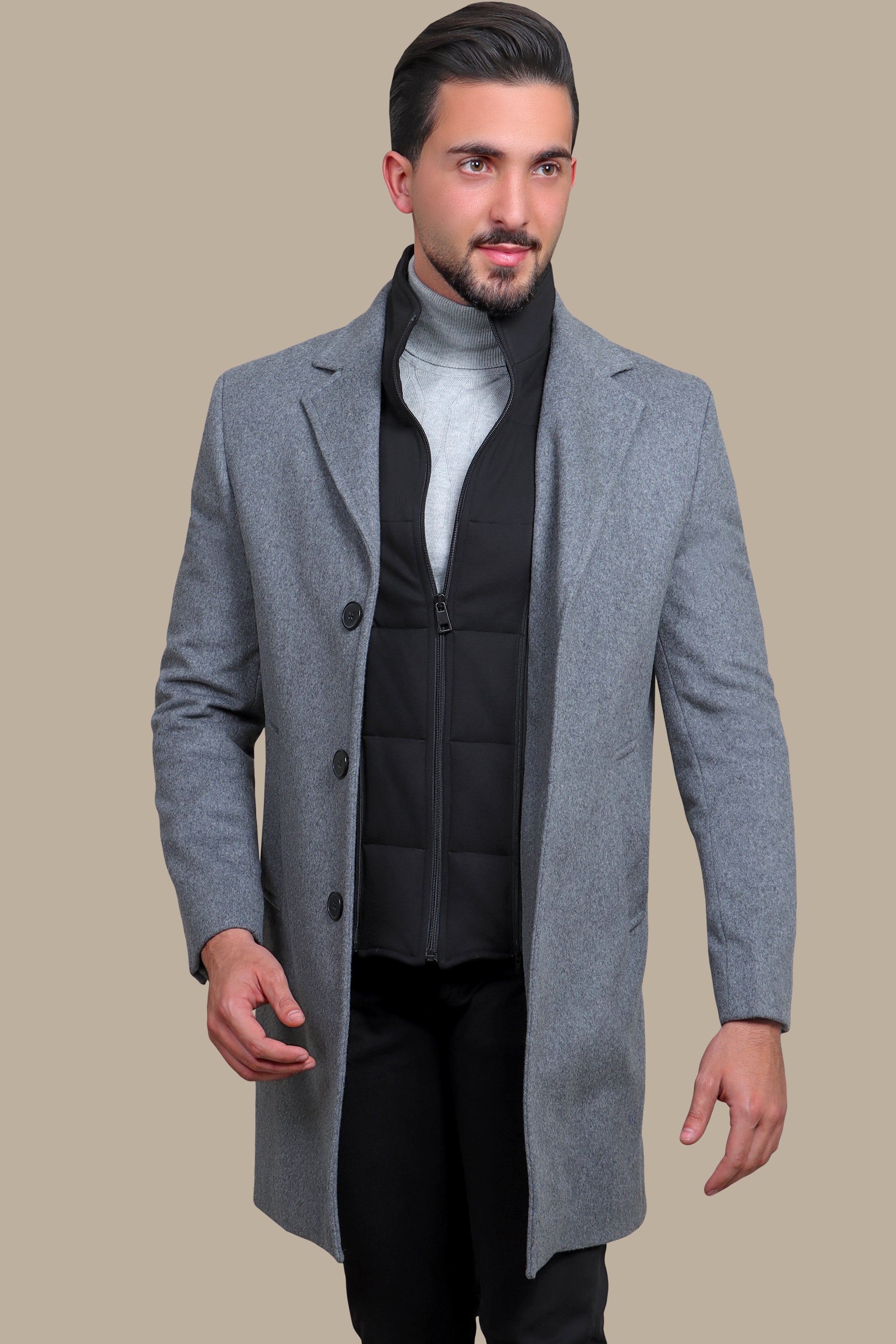 Grey Herringbone Coat with Detachable Collar