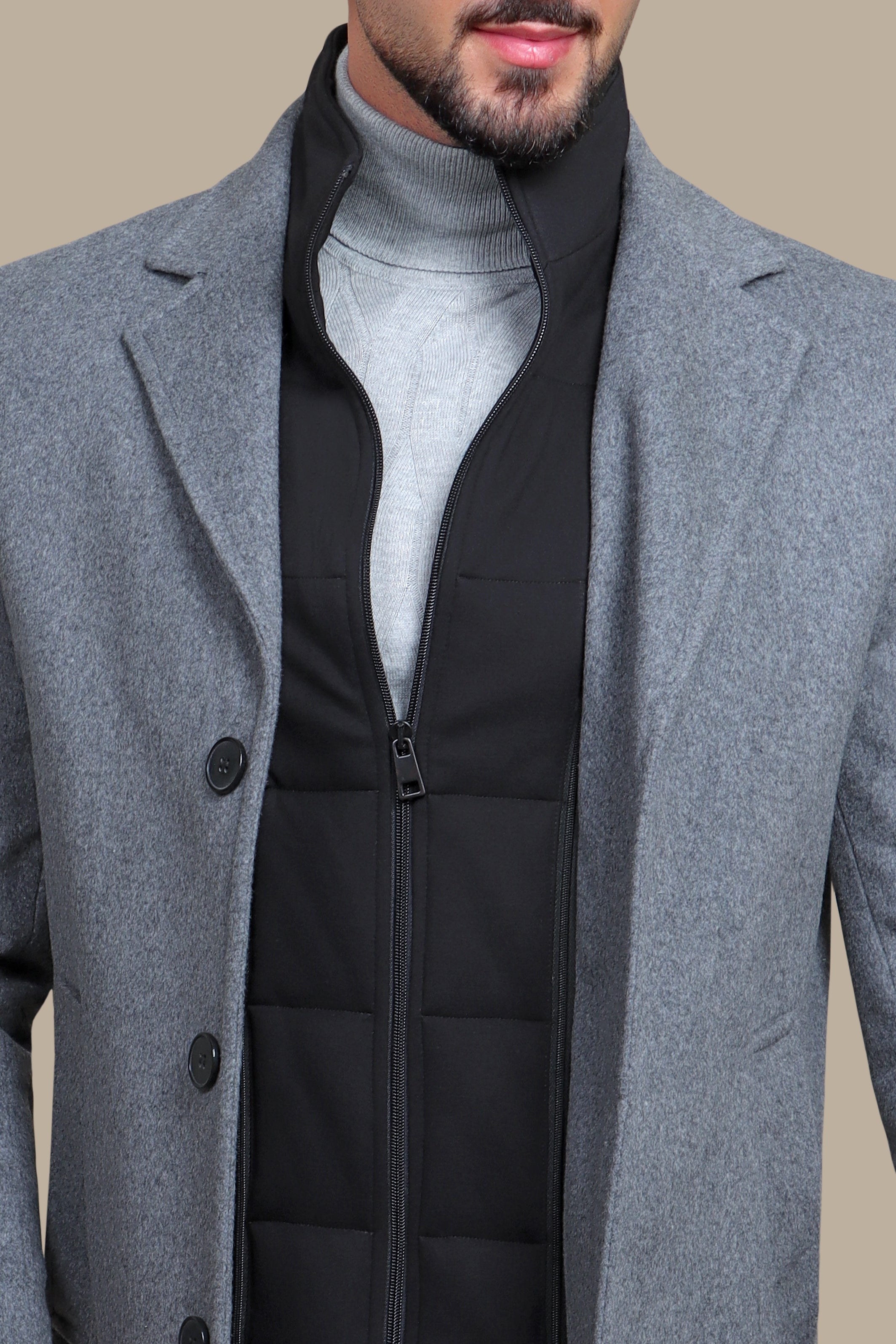 Grey Herringbone Coat with Detachable Collar