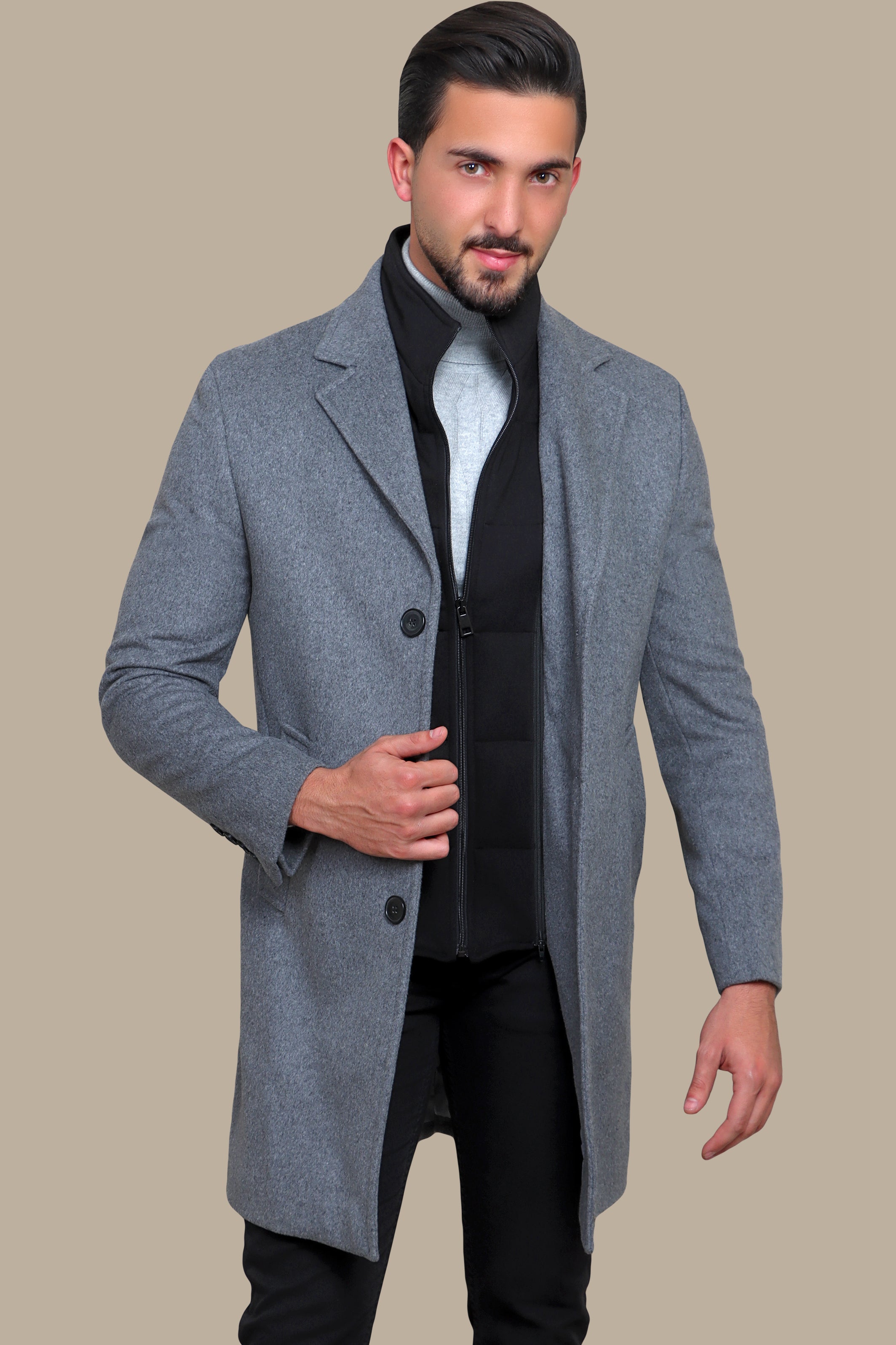 Grey Herringbone Coat with Detachable Collar