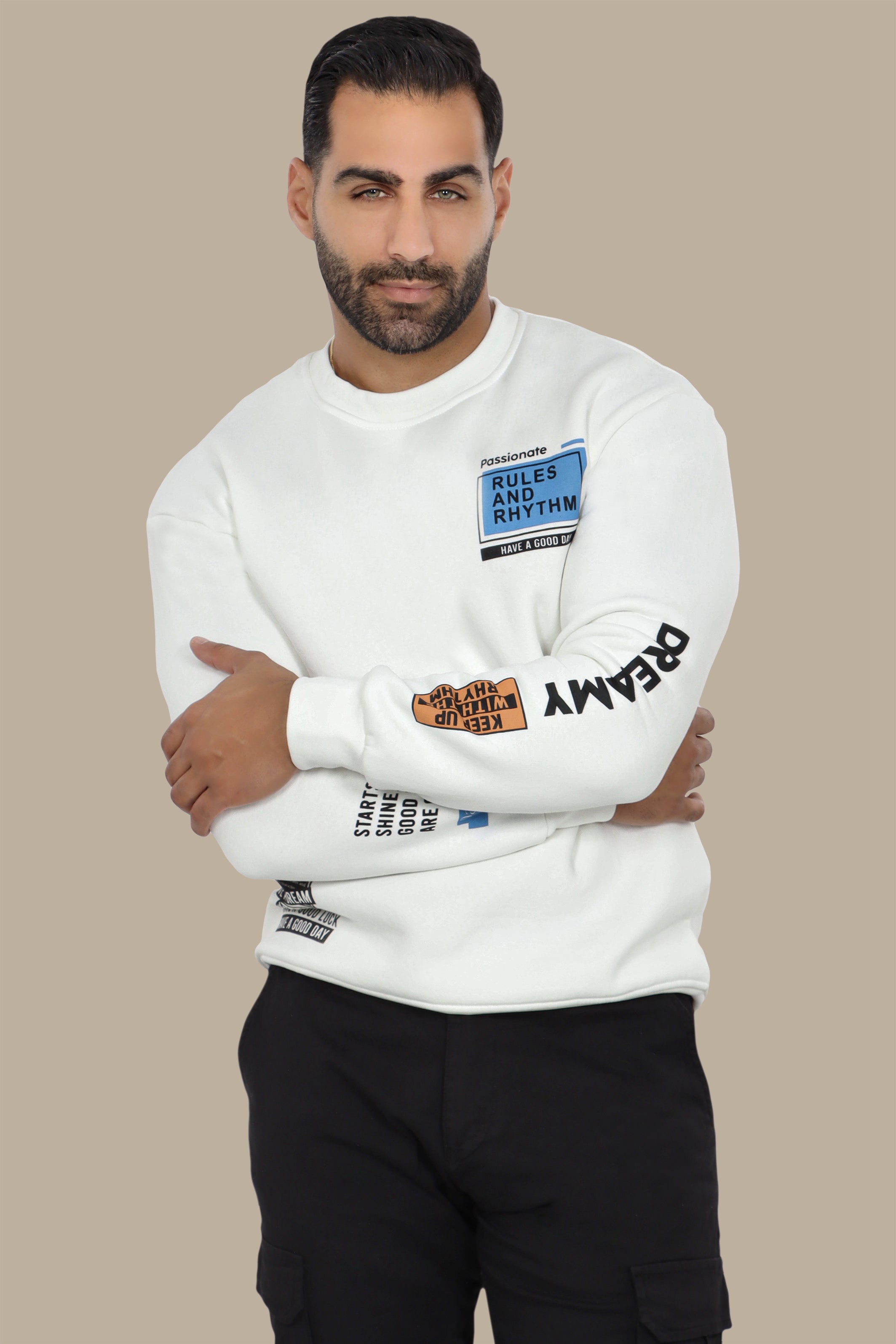 White Sweatshirt with Double Square Quote Design