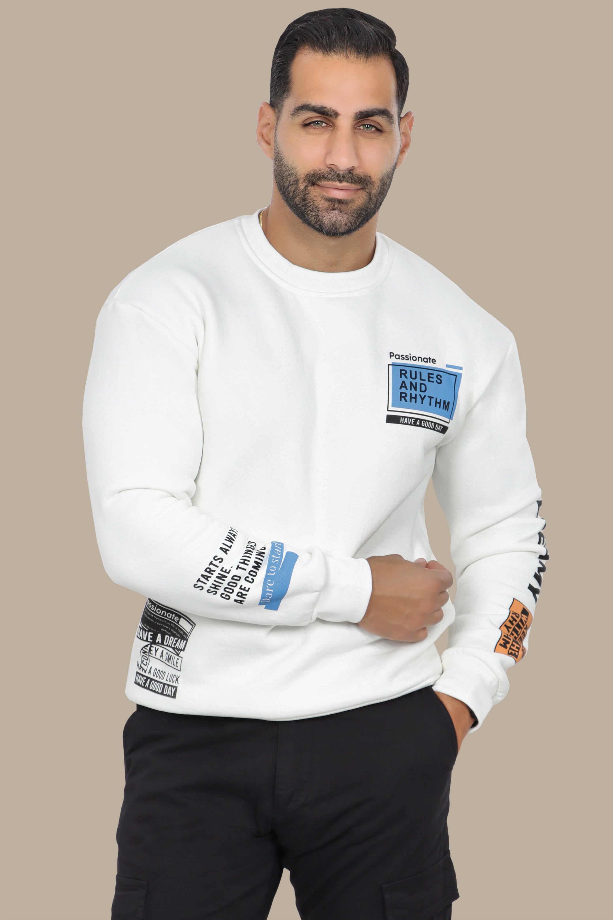 White Sweatshirt with Double Square Quote Design