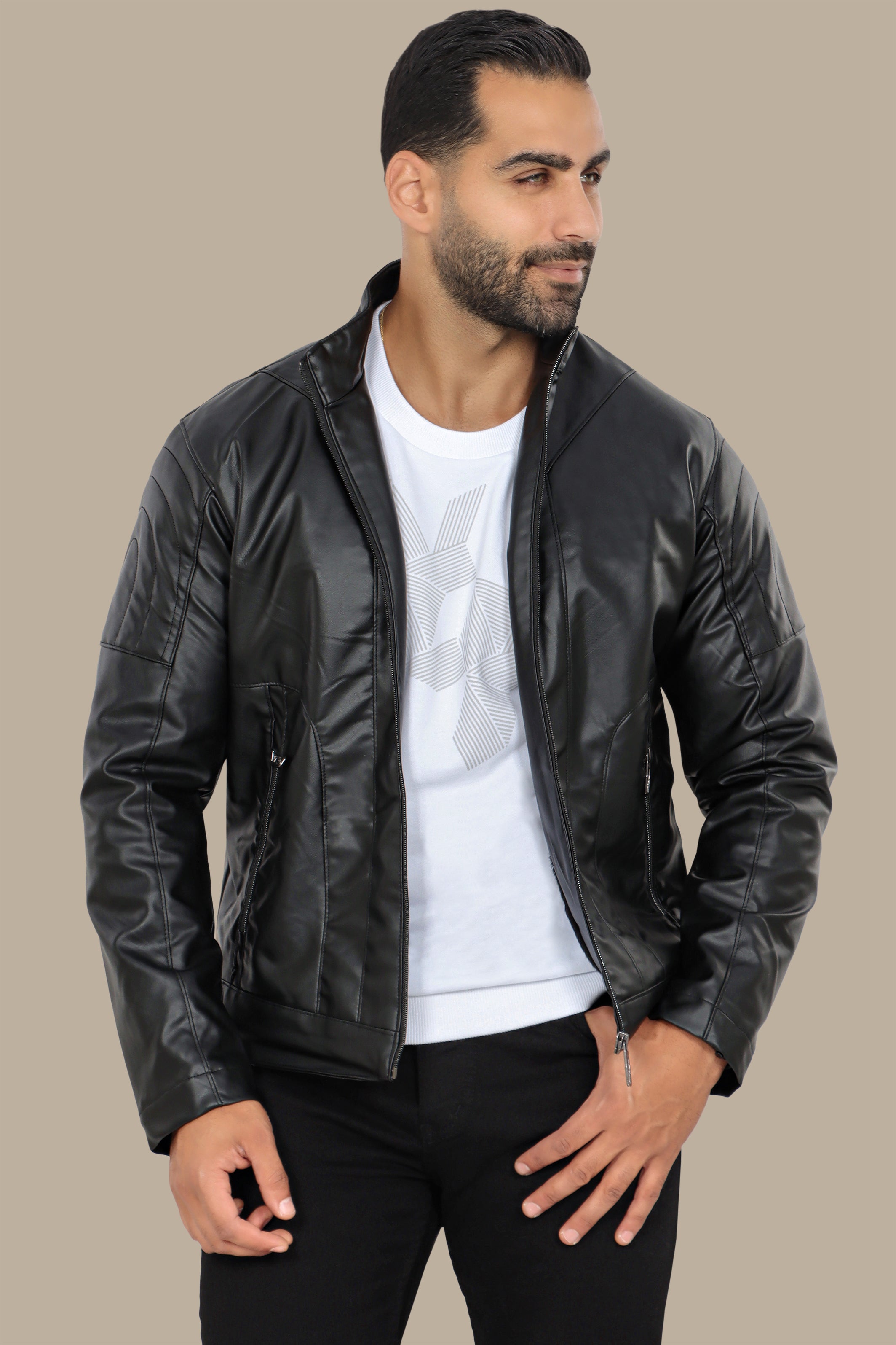 Black Faux Leather Mao Jacket with Dual Zipper Accents