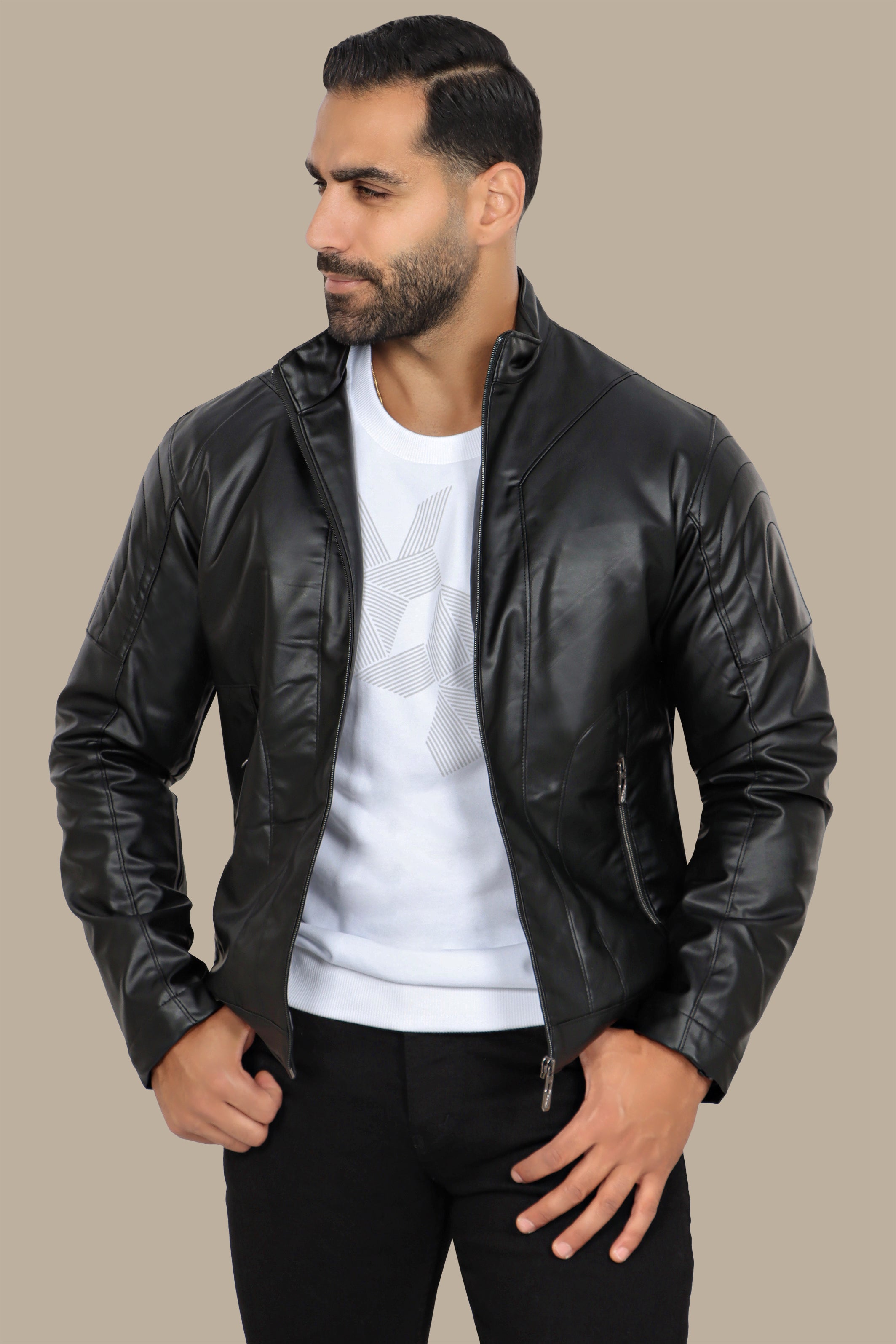 Black Faux Leather Mao Jacket with Dual Zipper Accents