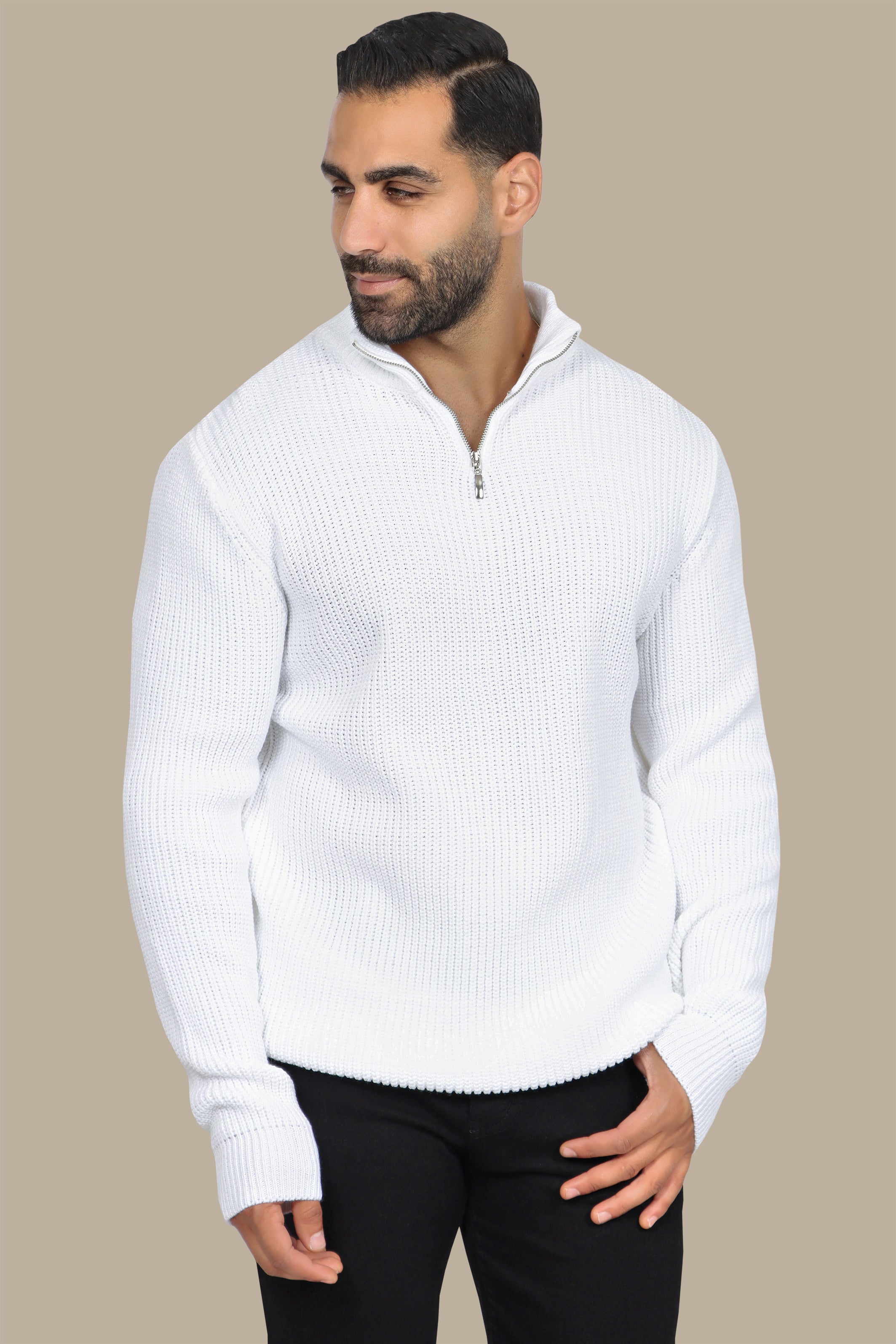 White Half-Zipper Plain Mercerized Sweater