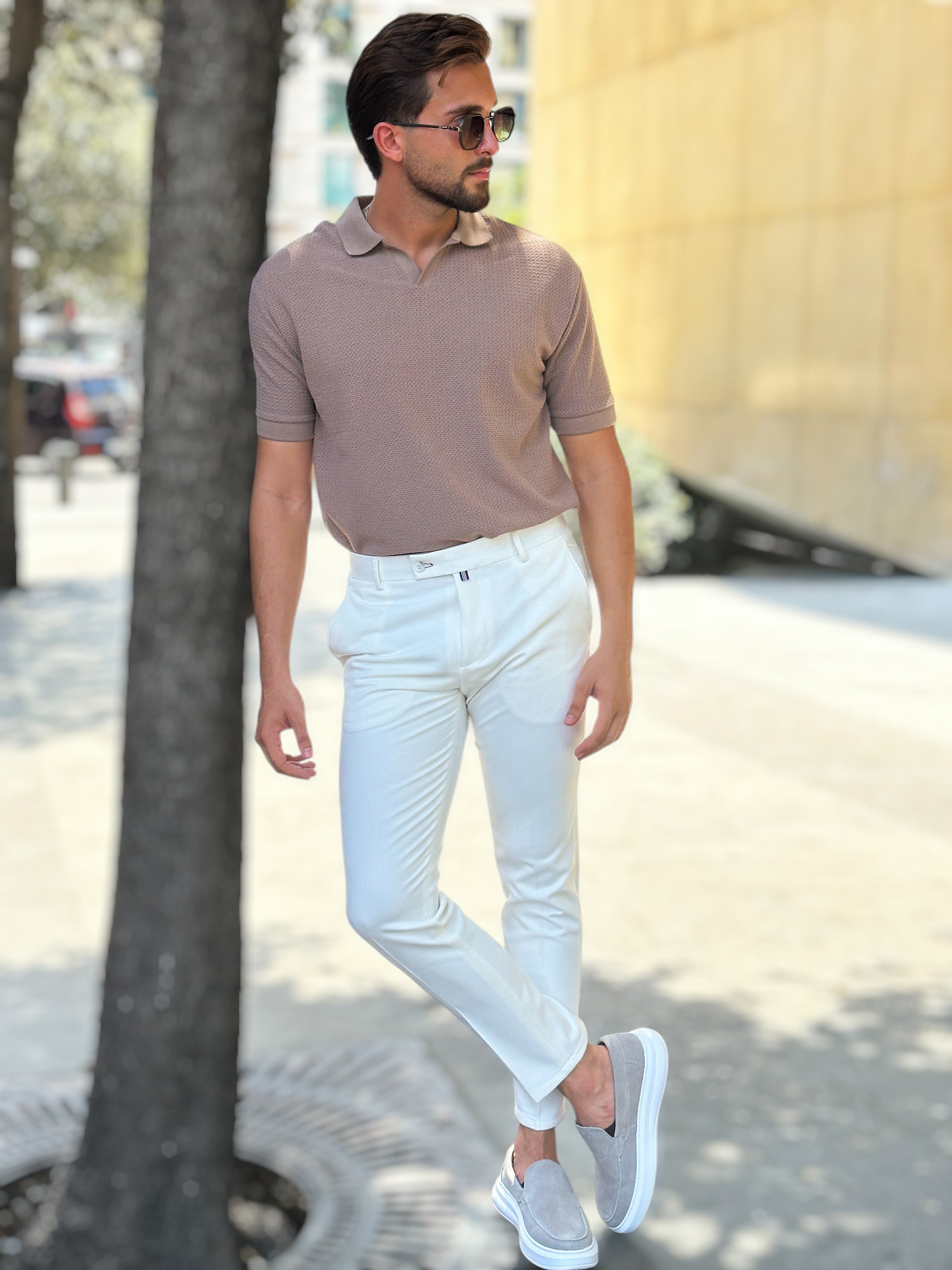 Mocha V-Neck Polo – Breathable Fabric
