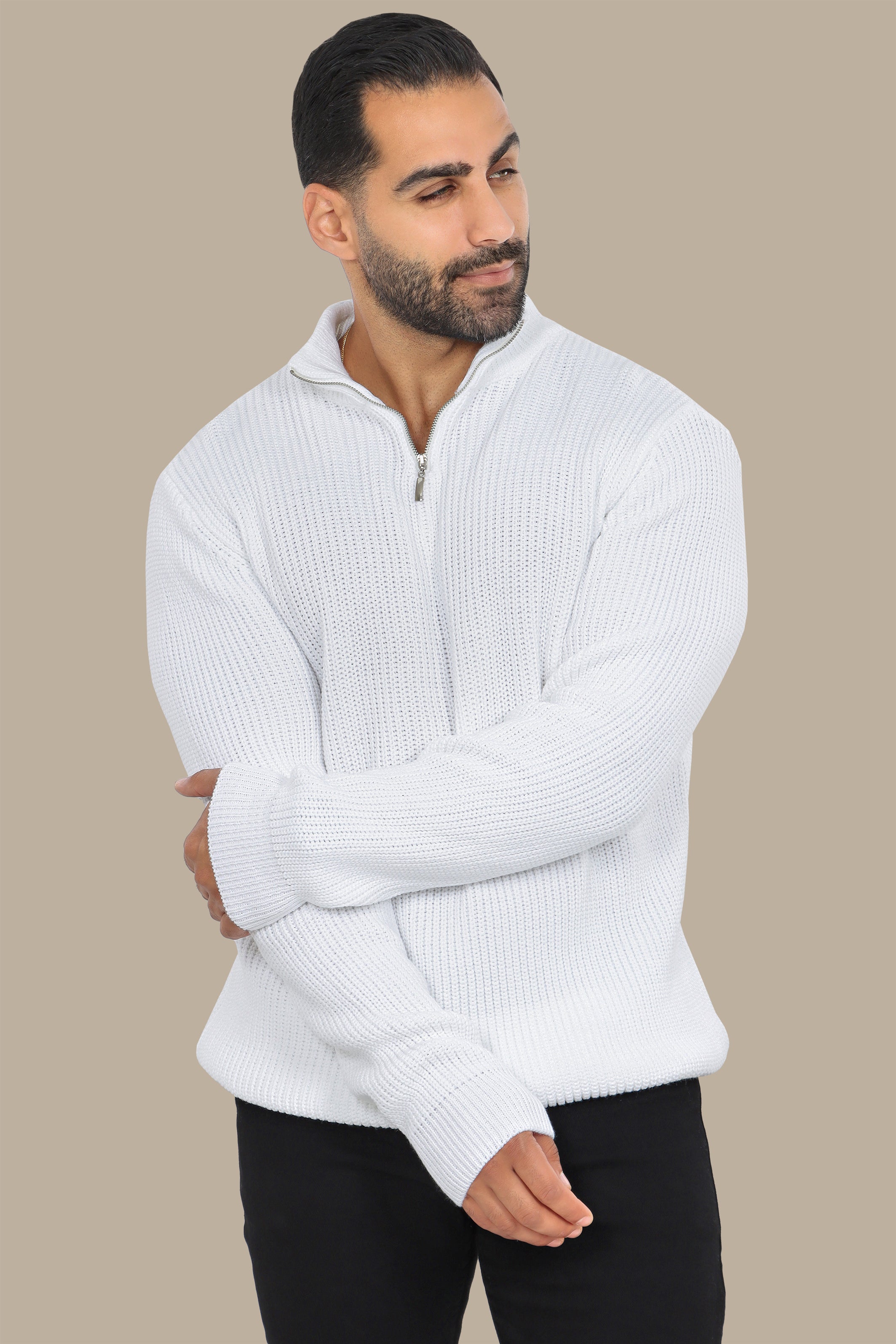 White Half-Zipper Plain Mercerized Sweater