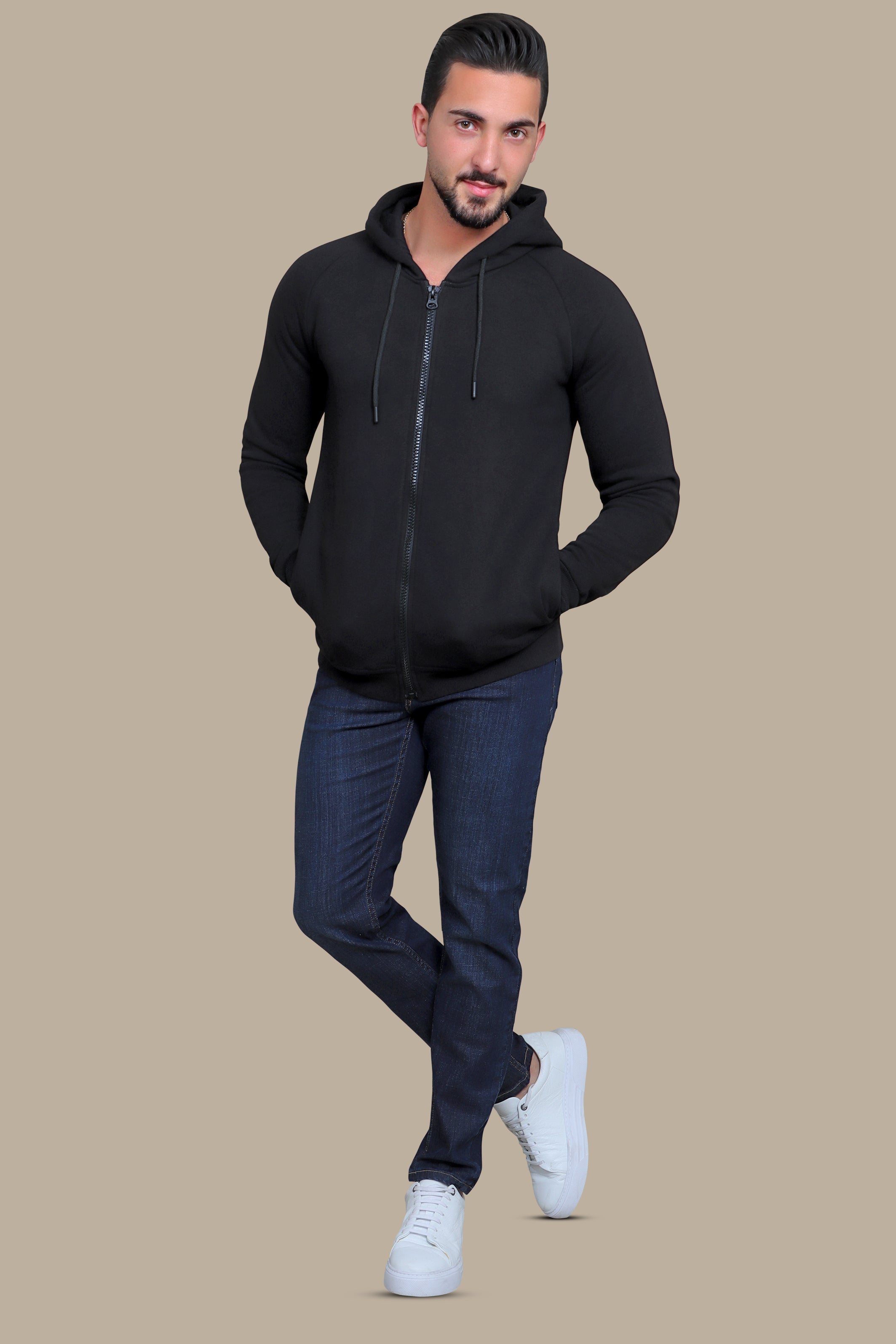 Urban Comfort: Black Hooded Fleece Sweatshirt