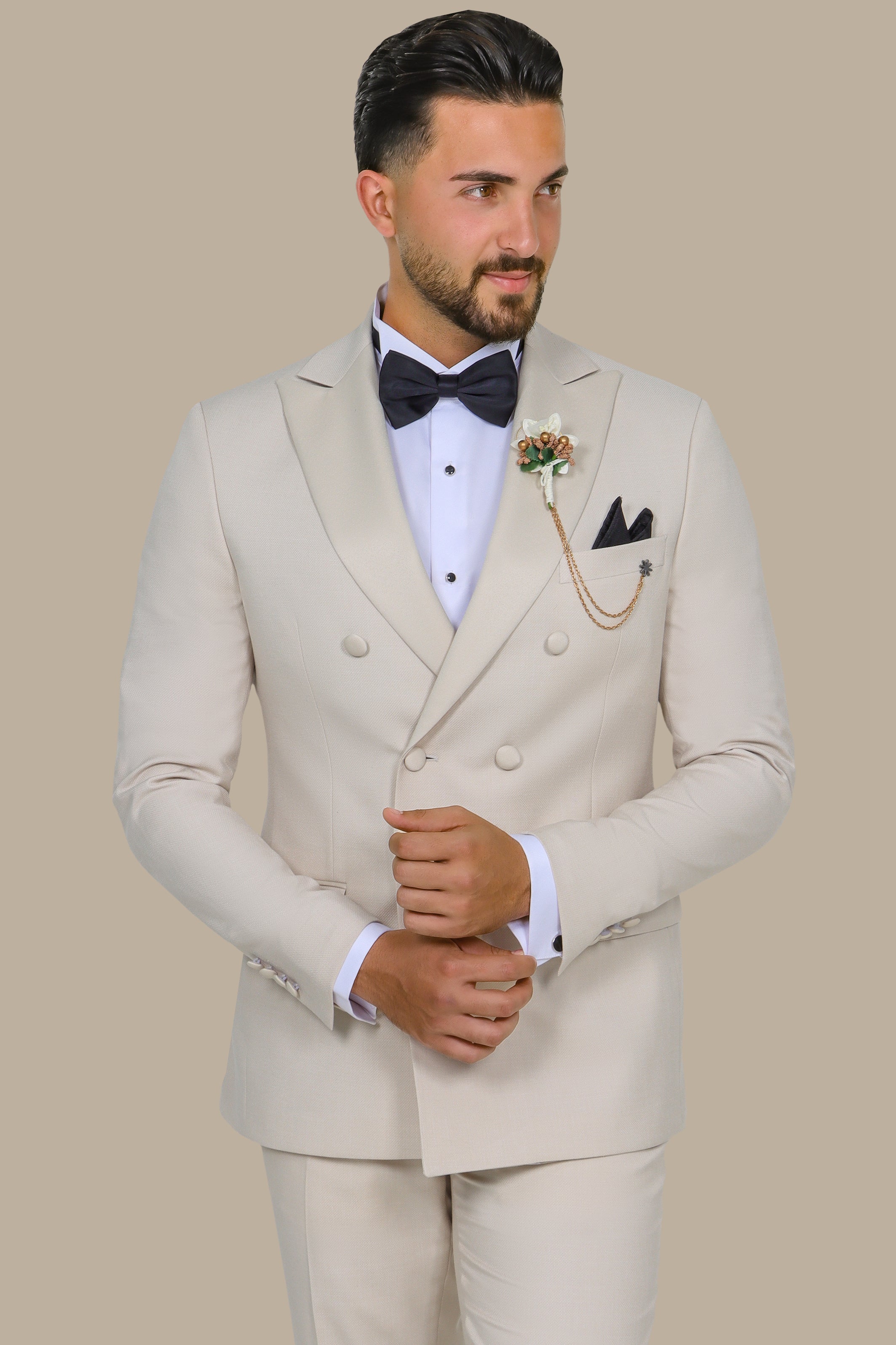 Beige Double-Breasted Tuxedo Piquet – 2-Piece Set