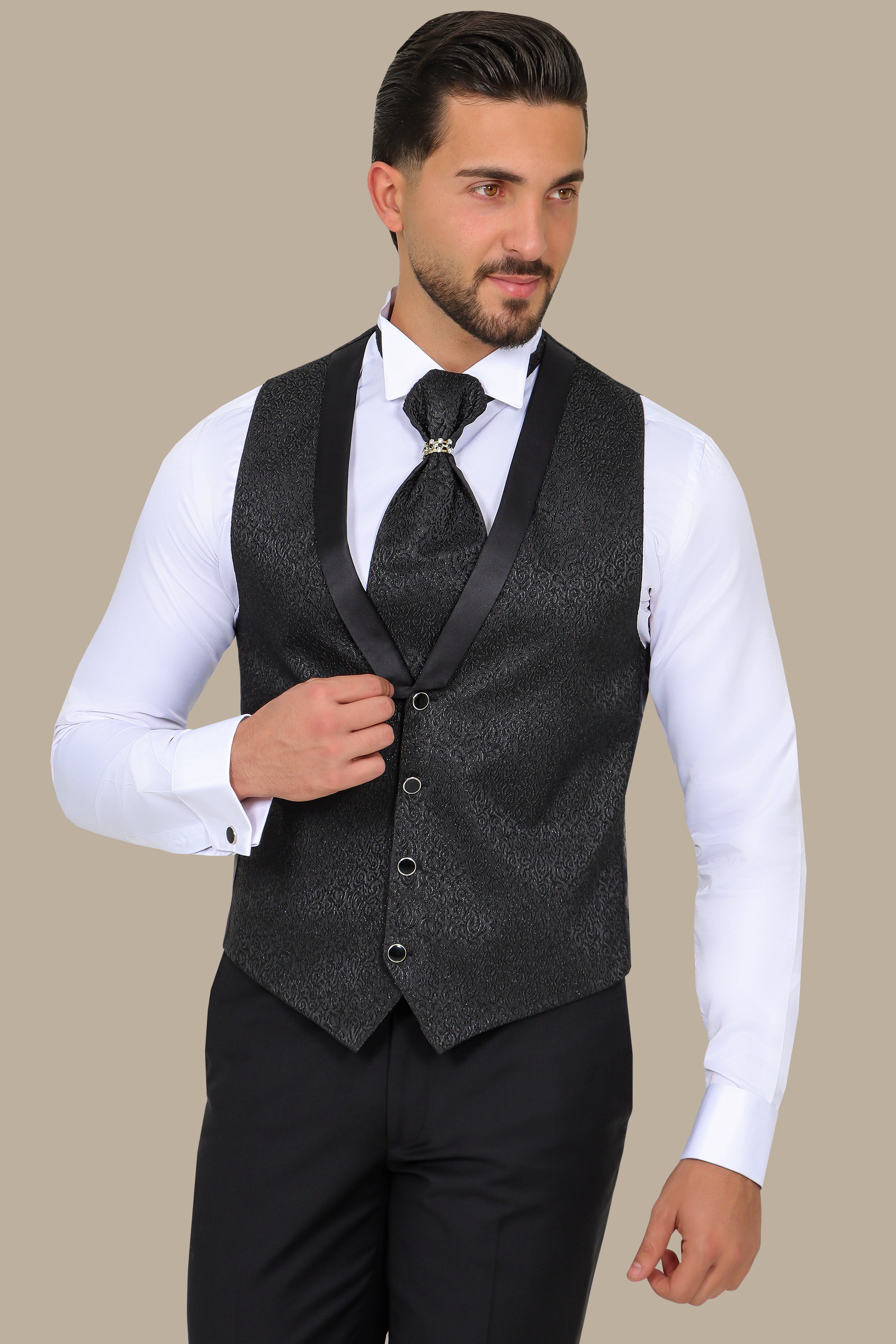 Black Jacquard Vest Set with Tie