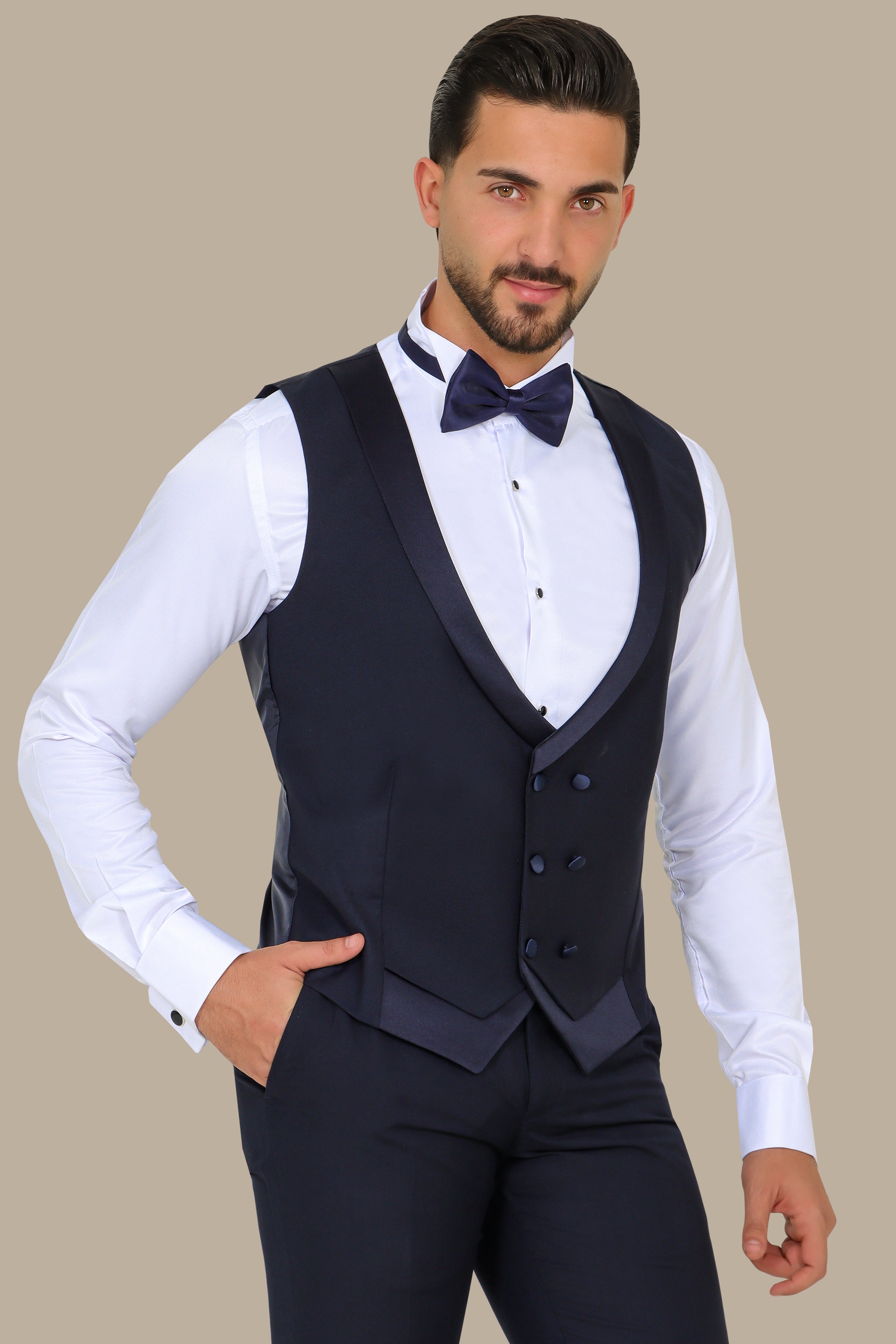 Navy Patterned Vest with Chal Collar