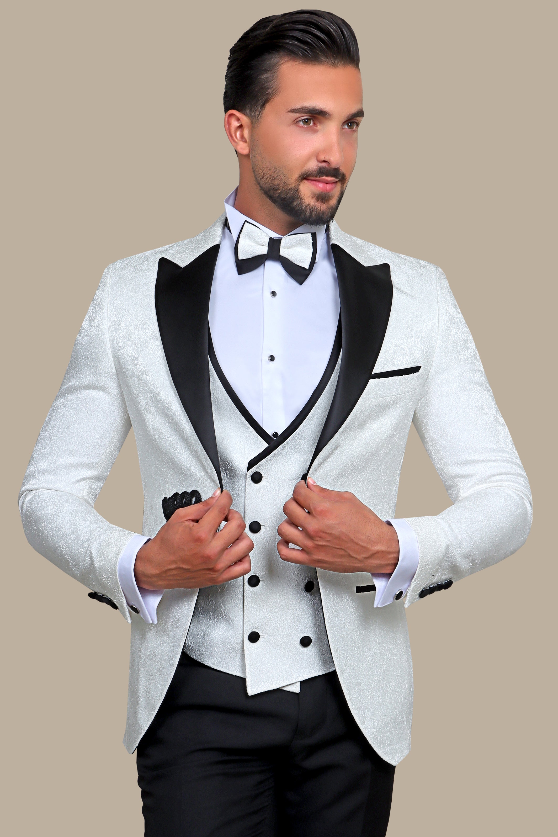 White Jacquard Peak Lapel Tuxedo Set with Crochet Detail