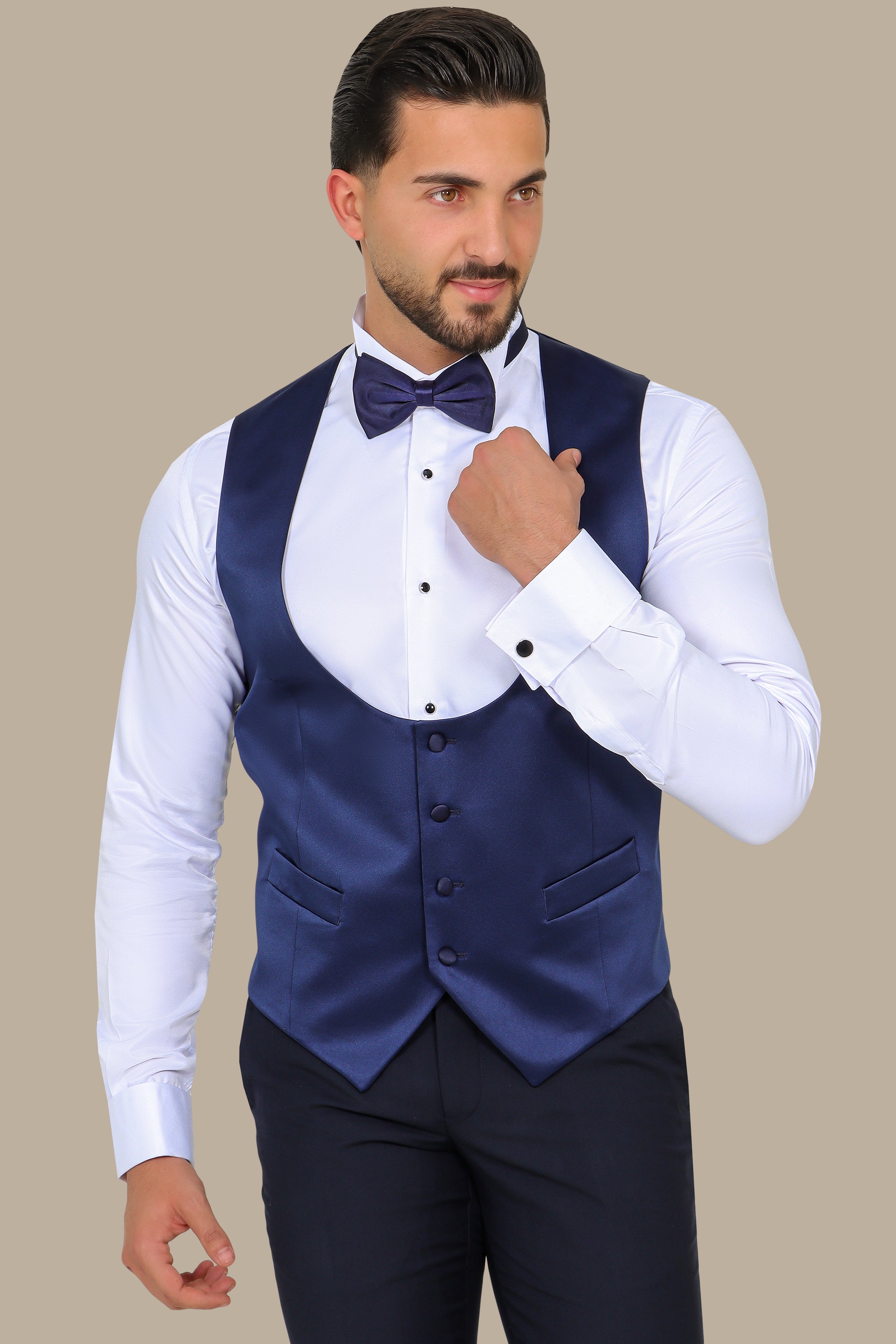 Navy Blue Satin Round Neck Vest