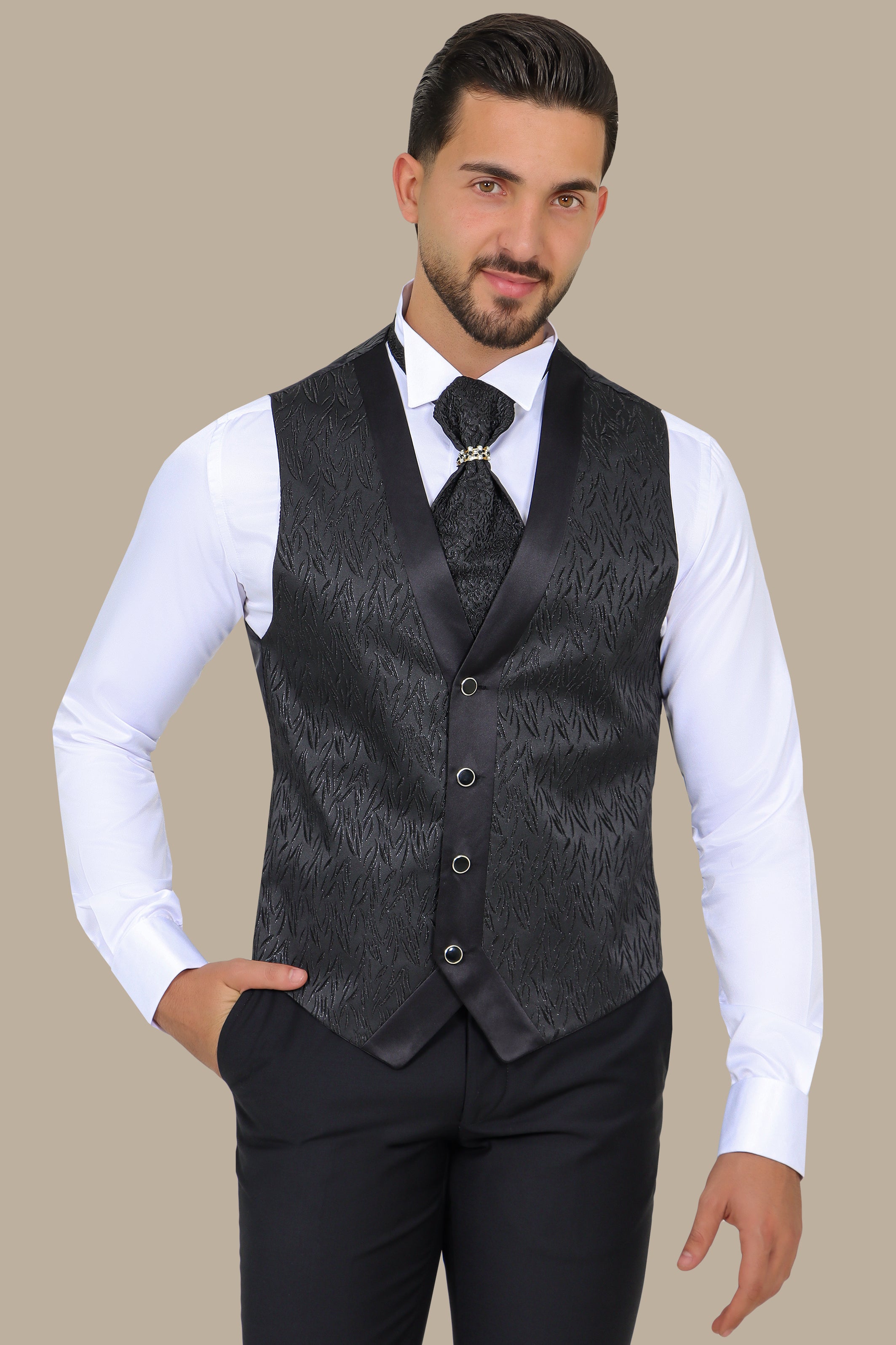 Black Leaf-Print Vest Set with Tie